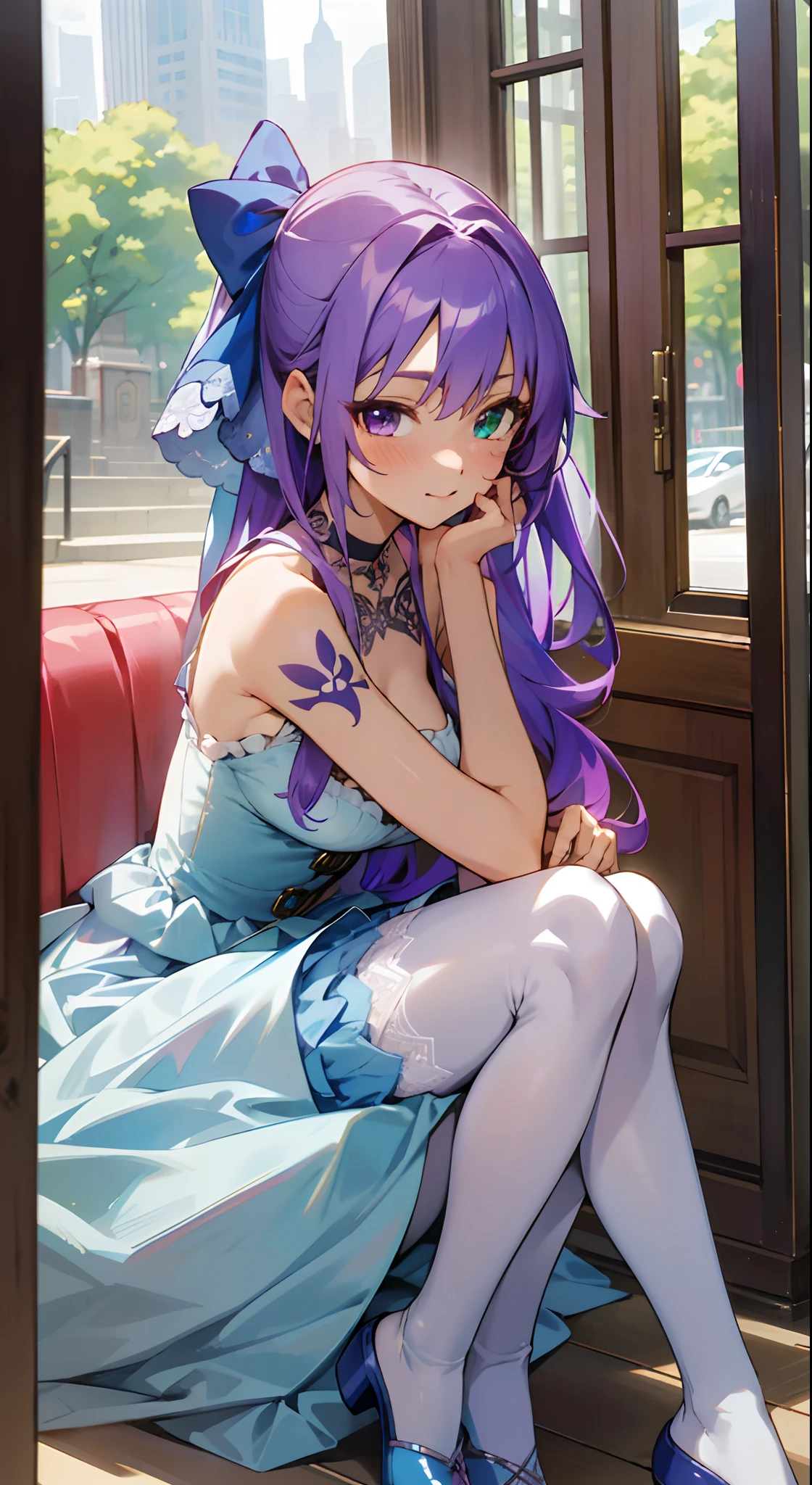 Colorful, Up-close, purple color hair, Ultra-realistic hair quality, Vibrant colors, Young Girl, 14years old girl, Beautiful long hair, Shiny hair, detailed hairs, Hair Ribbon, Single-sided up, Reo Mikage, Blue Lock, no sleeves, Sleeveless, Open shoulders, Cinderella, Camisole, Panniers and Cinderella, Cinderella Dresses, Lace dress, long-one-piece dress, White stockings, leggings, Chest exposure, Lace underwear, Metamorphosis is exposed, Choker, Black Choker, complete fingers, Five Fingers, Two arms, Two hands, Two legs, Perfect legs, The tattoo, body tattoo, arm tattoos, Blue Rose Tattoo, Tattoo on the wrist, Relative area, Sexy breasts, Big breasts, red blush, 1girl in, Solo, Sharp face, Heterochromia, Green eyes, Purple eyes, Bare neck, Happy face, lightsmile, Skirt in dress, Panniers in dresses, Sitting on the premises, Scenery of Shanghai, Castles, crouching down, Bare legged, Sandals, masutepiece, Ultra-detailed, Hyper-detailing, Anime, Anime style, Best Quality