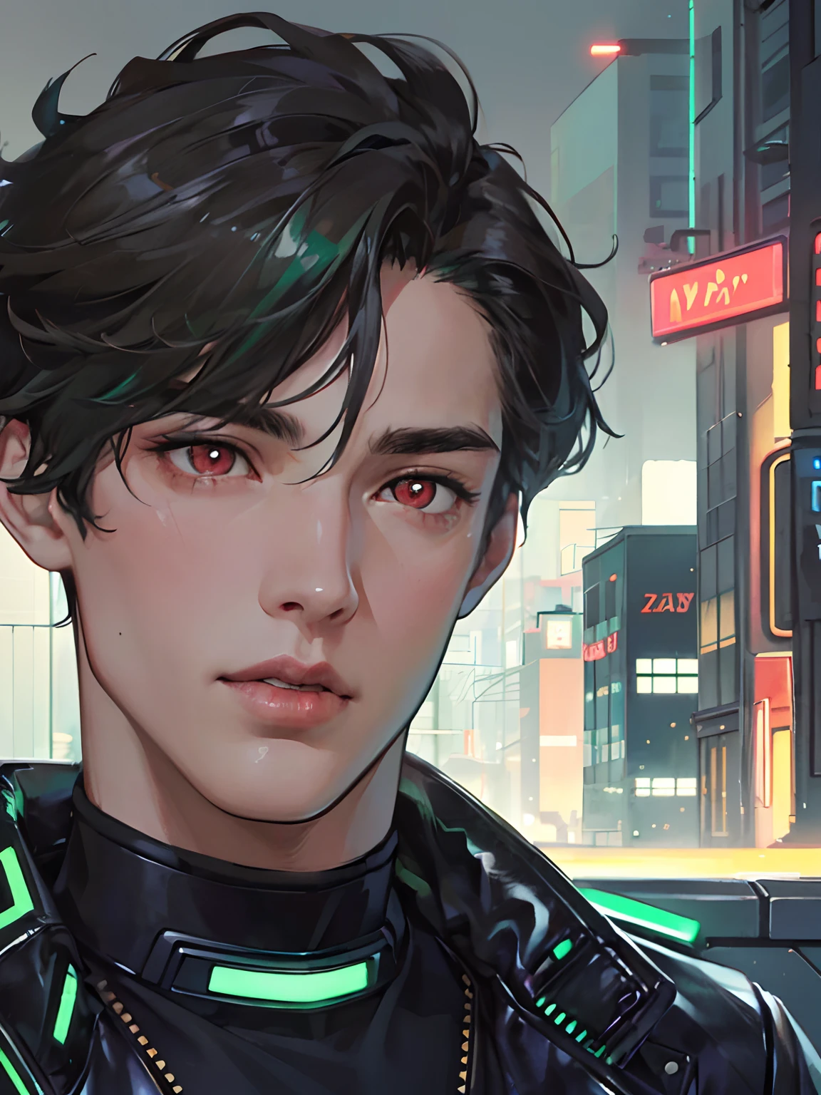 Semi-realistic comic style, (a handsome soft male, very short black hair, gentle face, glowing red eyes, pale rosy skin, thick plump lips), cyberpunk, edgerunners, black jacket with green accents
