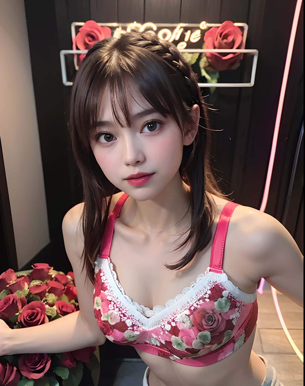 zydG, 1girl in, More skin, toView, Brown-eyed, (Light Brown Fringe Hair:1.2),Braided hair、The long-haired、(Photorealsitic:1.4), (Top image quality:1.0), (超A high resolution:1.0), (Wearing colorful lace bodyfit sports bra with small neon lights from shoulders、Shorts with roses printed:1.35)、8K, Raw photography, (​masterpiece:0.2), (pureerosface), in the room , large full breasts, Coordinated breasts, ssmile, Stretch the chest and arch the body, Bright lighting