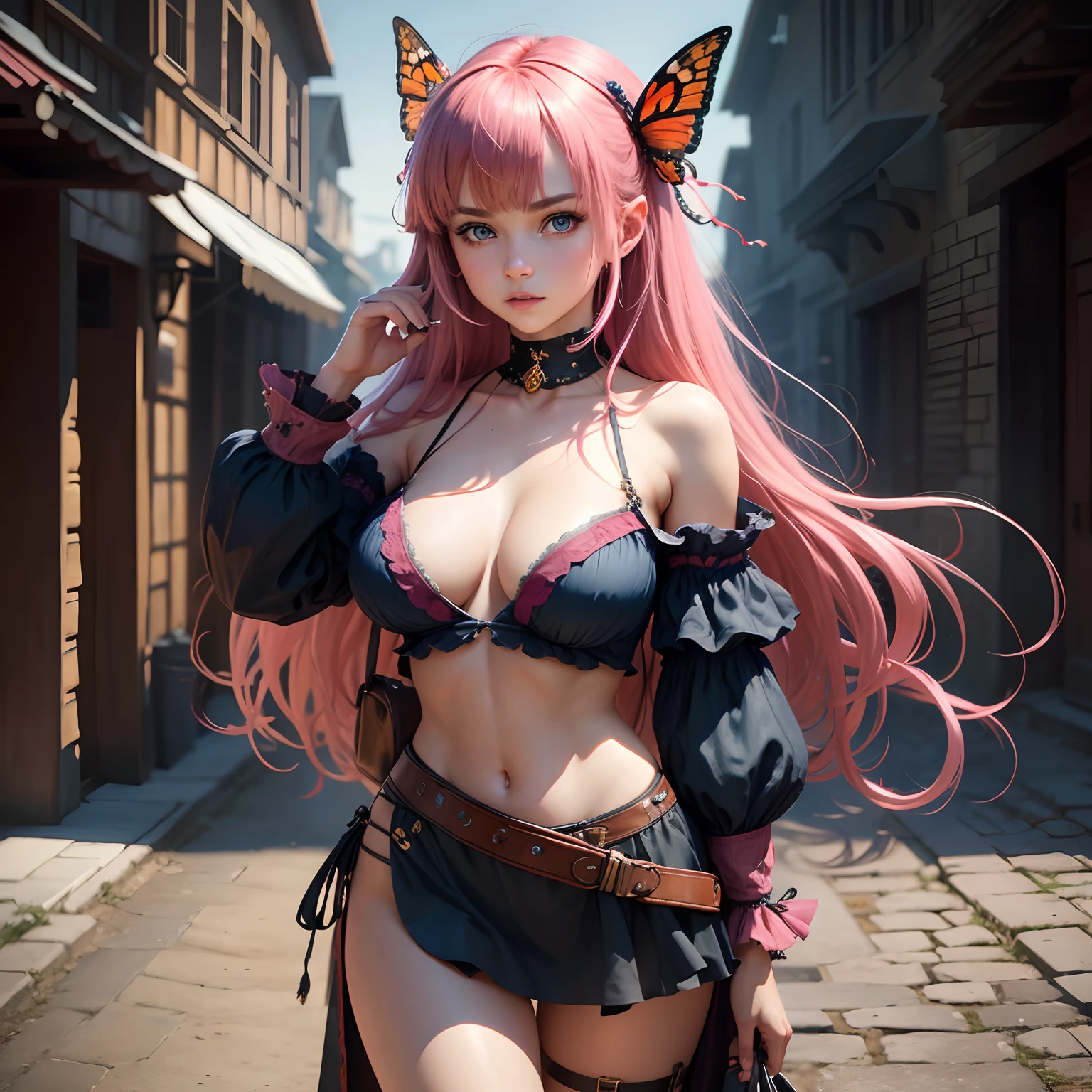 8k, masterpiece, best quality, realistic, higly detailed, cowboy shot, 1girl, solo, Nino, cute, cold-looking girl, waist-length straight hair, square bangs hanging over eyebrows, reddish-pink hair, twin butterfly-shaped ribbons on both sides of head, dark blue eyes, average height, well-endowed figure, large breasts, fashionable girl, various cute accessories, takes care of nails, Dark Souls