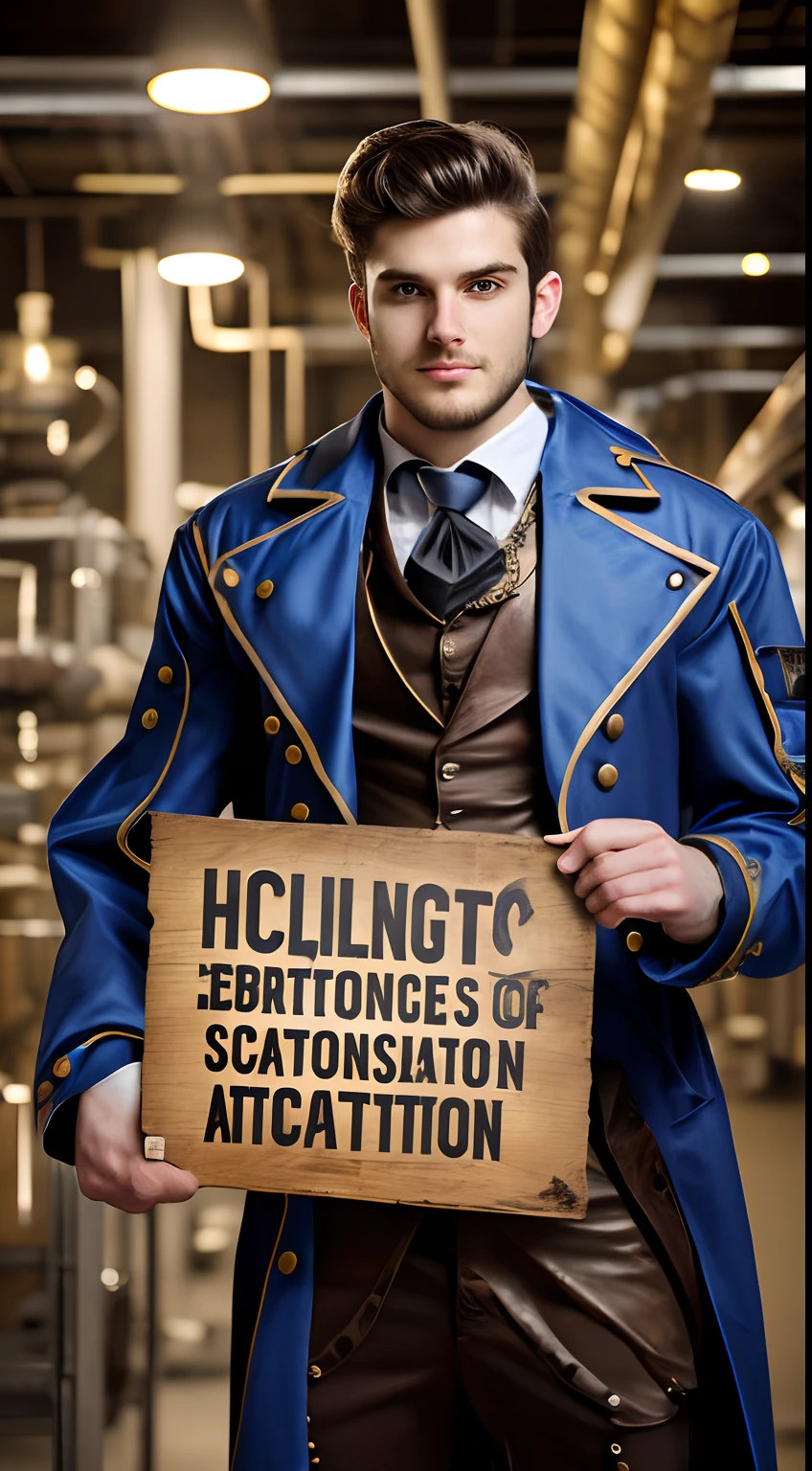 a handsome 25-year-old athletic man in a decadent steampunk scientist outfit. he is holding a blank sign and pointing at it, subject action : holding sign, subject action: holding sign, in a photorealistic steampunk laboratory with bolts of electricity from experiments.