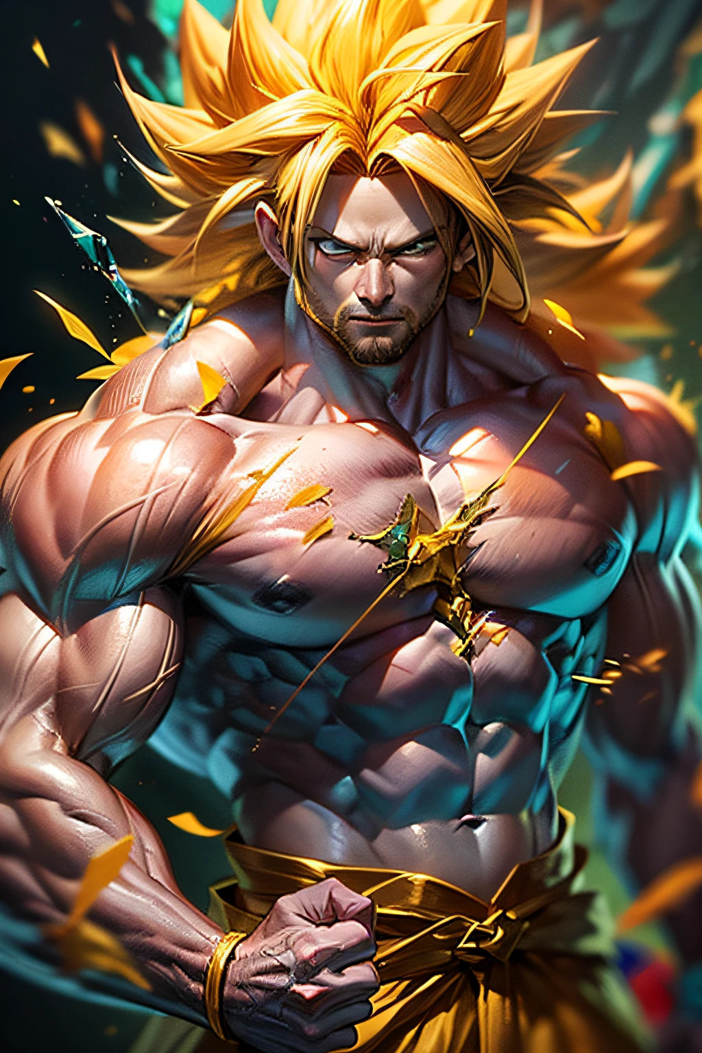 8k portrait of muscular Goku, yellow hair, blue eyes, intricate, elegant, highly detailed, full body, majestic, digital photography, art by artgerm and ruan jia and greg rutkowski, black hair, beardless face, broken glass (masterpiece, side lighting, beautiful finely detailed eyes: 1.2 ), hdr,