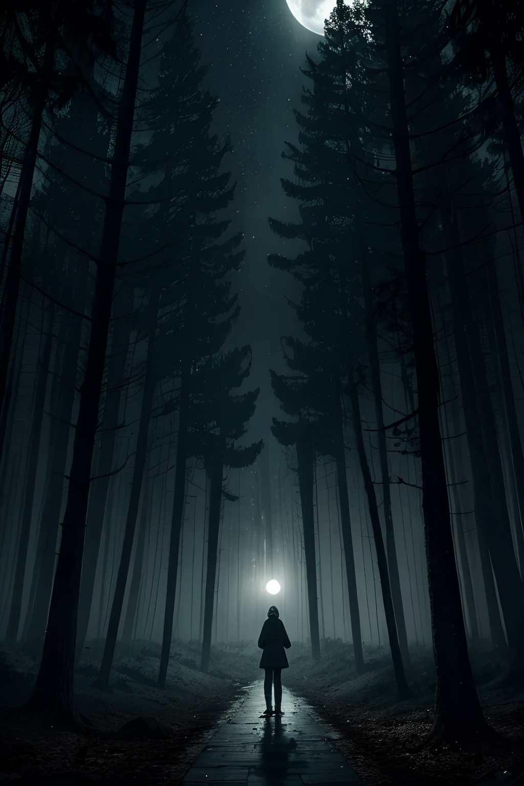 sad, broken heart, animation, gloomy forest at night, dark gray color theme, crying, fantasy, heartbroken, emotional, gone, feelings, stars, time, go back, fading, can't go on, memories, thinking, crying, nothing, hazy way, full moon in sky, lighten path, with girl, light foot print behind