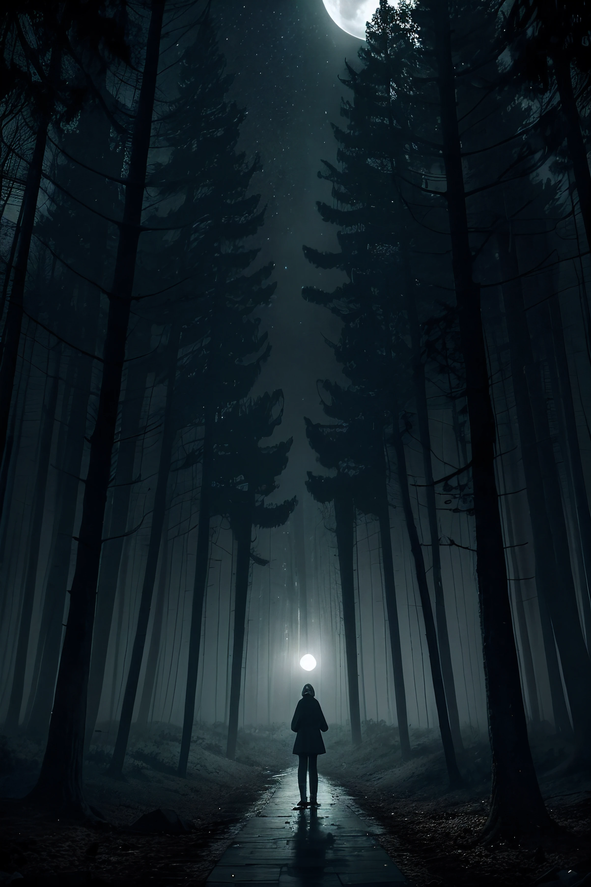 sad, broken heart, animation, gloomy forest at night, dark gray color theme, crying, fantasy, heartbroken, emotional, gone, feelings, stars, time, go back, fading, can't go on, memories, thinking, crying, nothing, hazy way, full moon in sky,  lighten path, with girl, light foot print behind