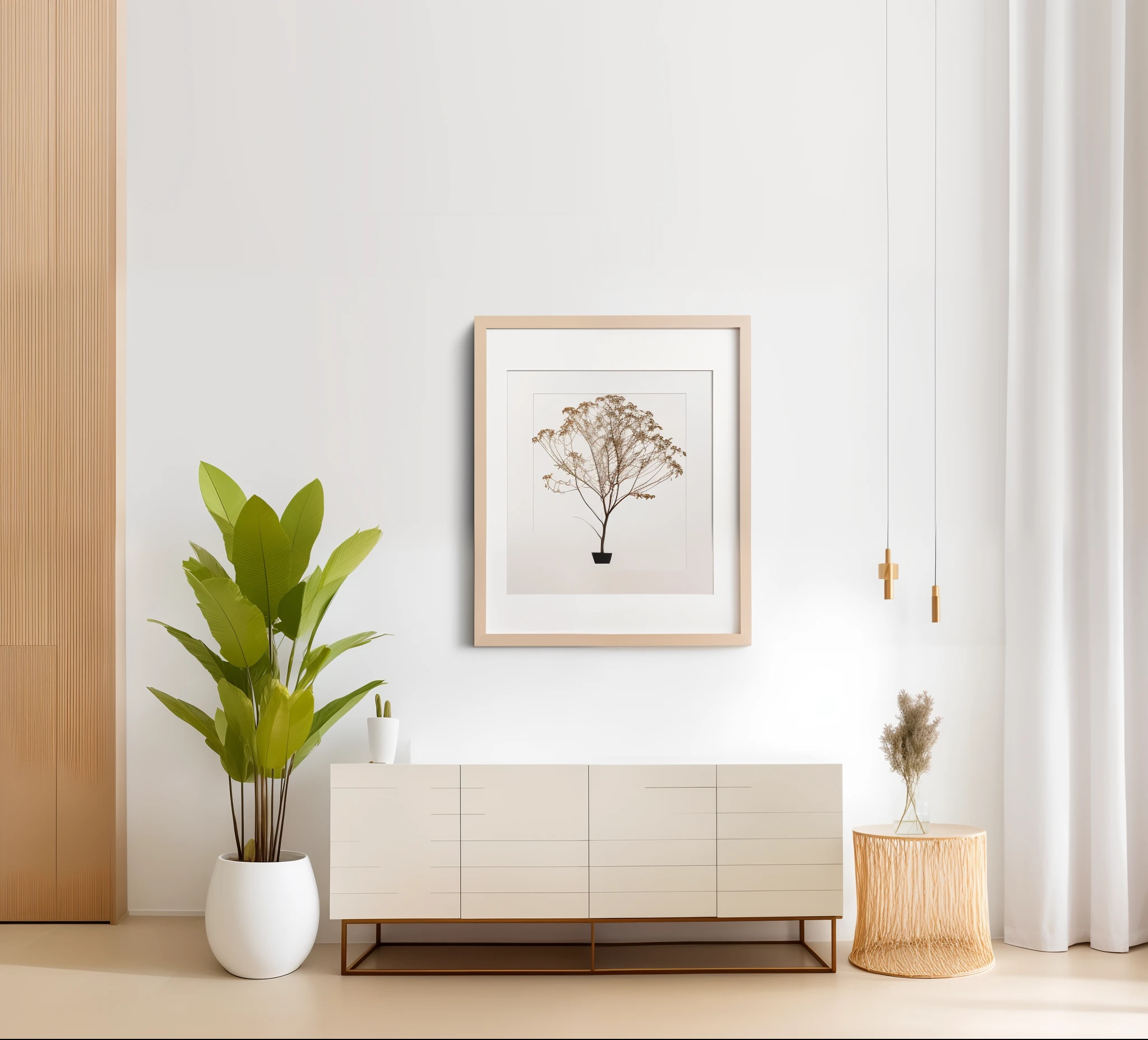 There's a plant in a pot next to a picture on the wall, colocado em uma sala de estar, Arte minimalista, colocado em uma grande sala de estar, furniture photography, ambiente minimalista, extremely high quality artwork, pintura minimalista, muito minimalista, one-line art printing, estilo de arte minimalista, limited edition print, paredes de madeira com arte emoldurada, Figura de Lichtenberg