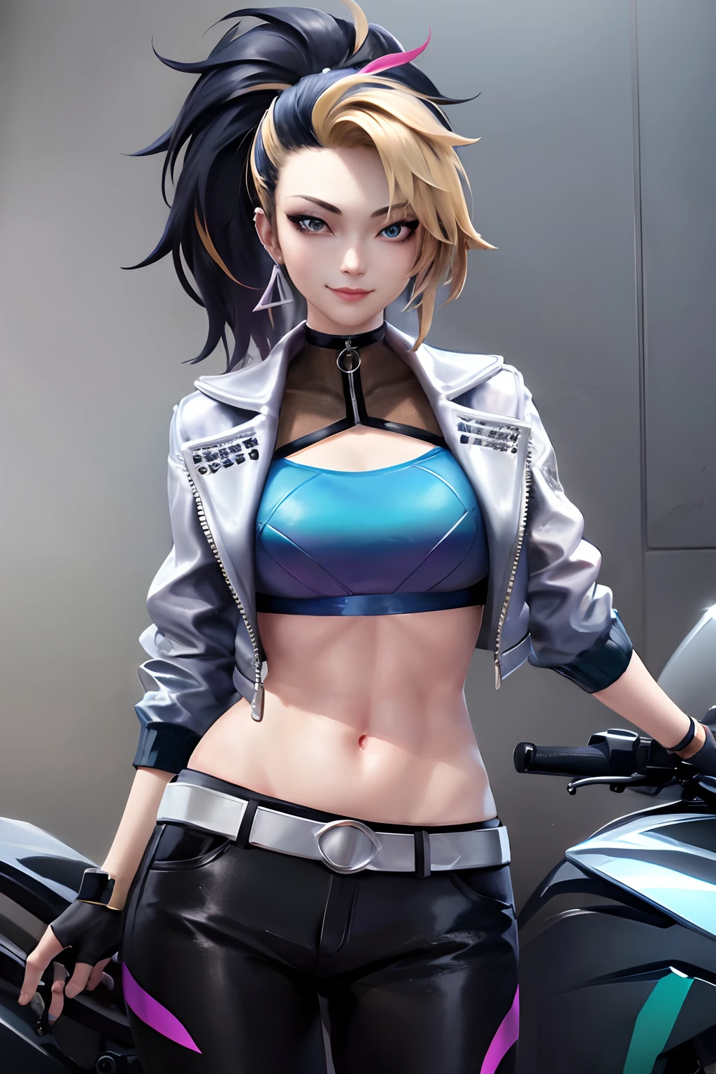 masterpiece, best quality, highres, akali, 1girl, k/da \(league of legends\), solo, (black hair:1.1), blonde hair, (multicolored hair:1.1), jewelry, fingerless gloves, cropped jacket, midriff, earrings, two-tone hair, open jacket, black gloves, black pants, crop top, blue eyes, belt buckle, ponytail, smile, motorcycle, outdoors,