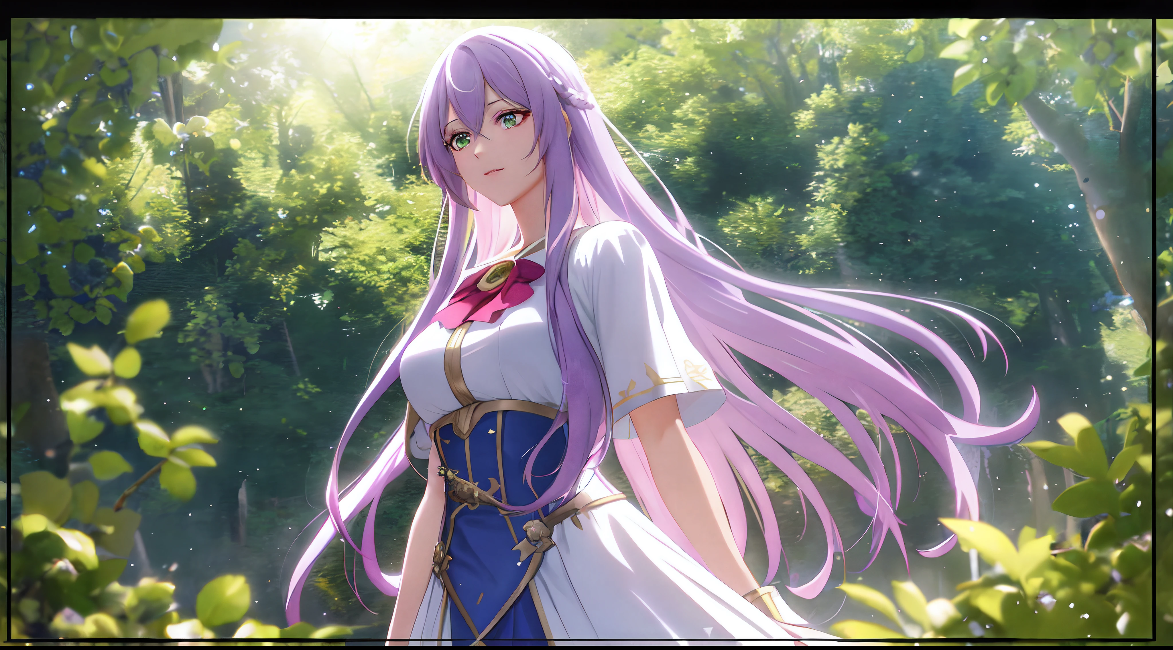 Athena with plain long light purple hair,hair between eyes,green eyes,rosy cheeks,full lips,thin eyebrows,slender body,saint cloth with beads on neck,cute anime girl,full body,red roses field,anime style,Lumen Reflections,Screen Space Reflections,Diffraction Grading,Chromatic Aberration,GB Displacement,Scan Lines,Ray Traced,Anti-Aliasing,FXAA,TXAA,RTX,SSAO,Shaders,OpenGL-Shaders, GLSL-Shaders,Post Processing,Post-Production,cell Shading,Tone Mapping,CGI,VFX,SFX,insanely detailed and intricate, 4K,standing, solo, masterpiece, best quality, detailed face, detailed eyes, highres, standing, solo, large_breasts, masterpiece, best quality