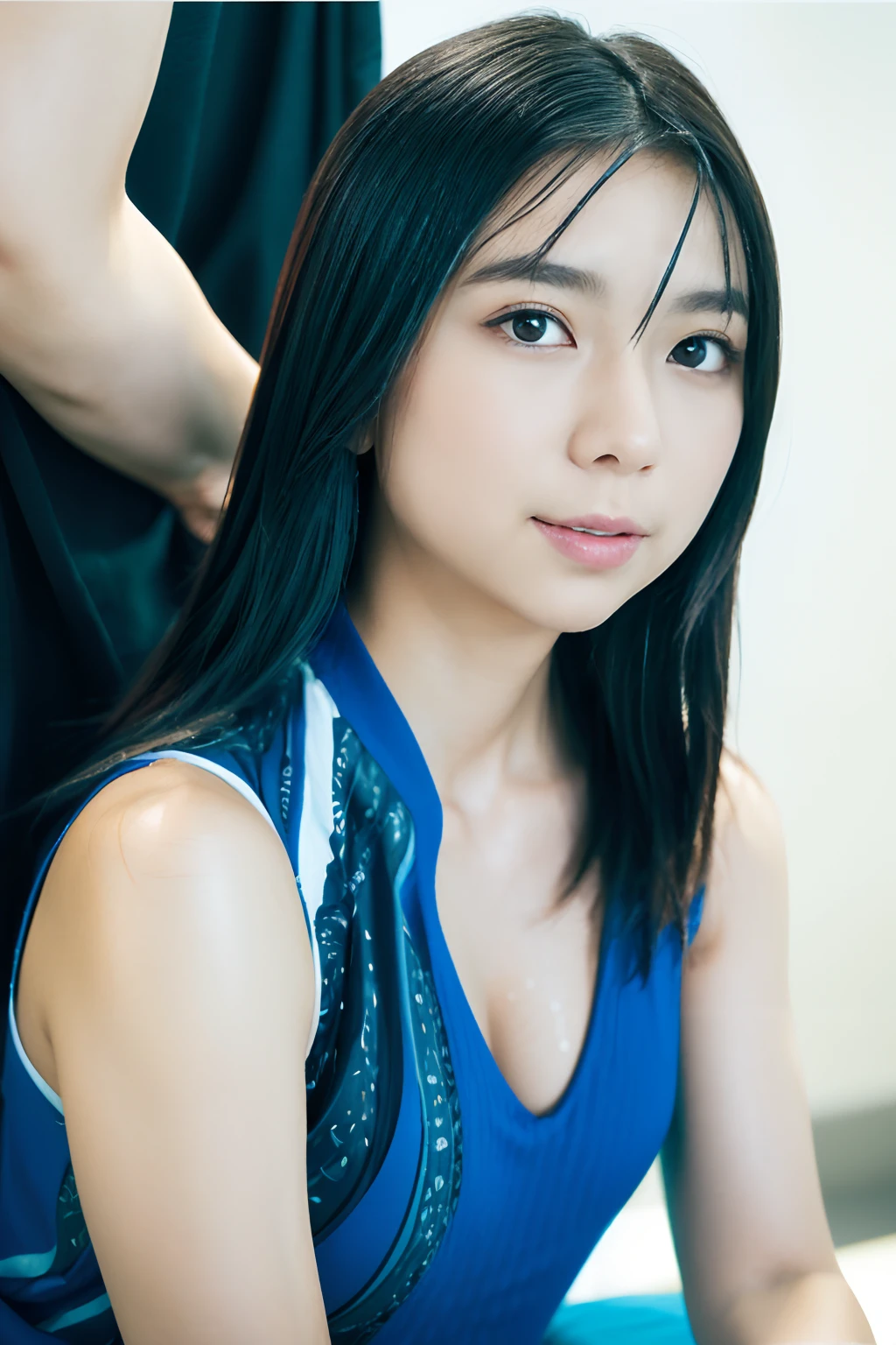 (realisitic、Photorealsitic:1.37)、(masterpiece、top-quality:1.2)、(超A high resolution:1.2)、(Raw photography:1.2)、(foco nítido:1.3)、(Face Focus:1.2)、(Ultra detailed CG unified 8k wallpaper:1.2)、(Beautiful skin:1.2)、(pale-skinned:1.3)、(hyper-sharp focus:1.5)、(Ultra Sharp Focus:1.5)、(Beautiful clean face:1.3)、(Ultra detailed backgrounds、detailedbackground:1.3), bokeh dof、depth of fields、BREAK、 Very cute and beautiful Japan women pictures、(22year old:1.1)、Portrait of a girl with a bright smile、((Full body shot:1.2))、((Massive breasts, Spilled chest, small breasts with rounded upturn:1.3)), ((Protruding cleavage, large pelvic, Wide buttock, Midriff, Narrow waist, curvy waist, coalescence:1.2)), ((slim, Slimming the waist:1.3)), modern haircut, colour streaked hair, highlight, ((full of sweat)), ((sexyposture:1.3)), ((wide hips)),
