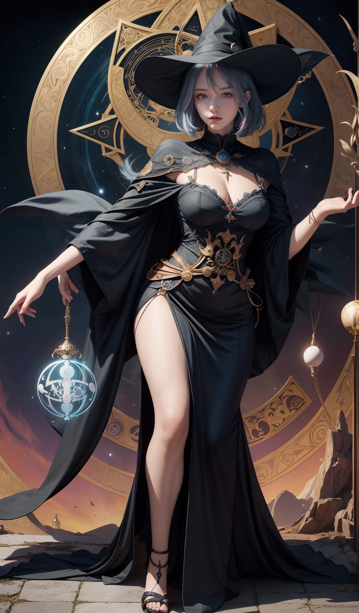 Witch, Chased by the Devil, Tarot Cards, masutepiece, Best Quality, 4K, tarot card art, line-drawing, clean line drawings, Coloring mandala with space theme, Colorful, Simple and clean lineart, Decorated in Art Nouveau style, Genshin,