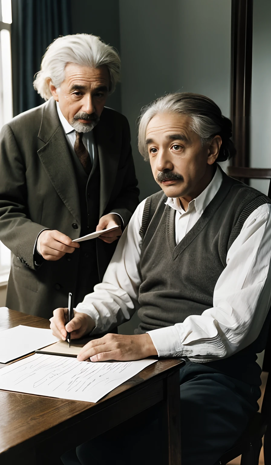 Task: Albert Einstein was writing at the table with a young man watching what he was doing
Topic: Writing albert Einstein
Style: Casual
Tone: Assertive
Audience: 70-year old
Word Count: 200 words
Format: Text