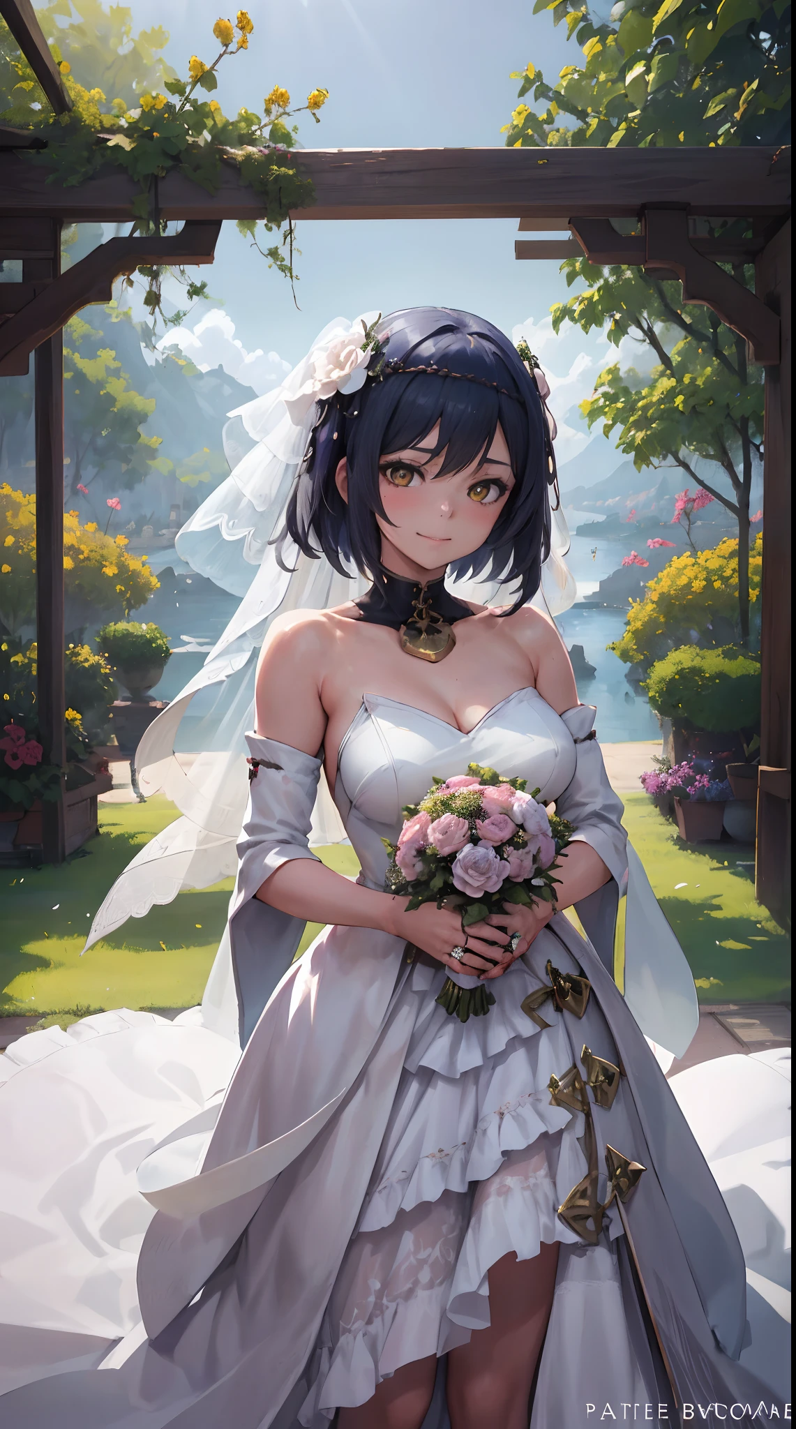 score_9,score_8_up,score_7_up,source_anime,cowboy shot,Idealized Forms,Natural Light,details background,blurry background,extremely detailed 1girl,(aga),1girl, talim, black hair, twintails, braid, dark skin, navel, midriff,((Wedding dress)),intricate pattern