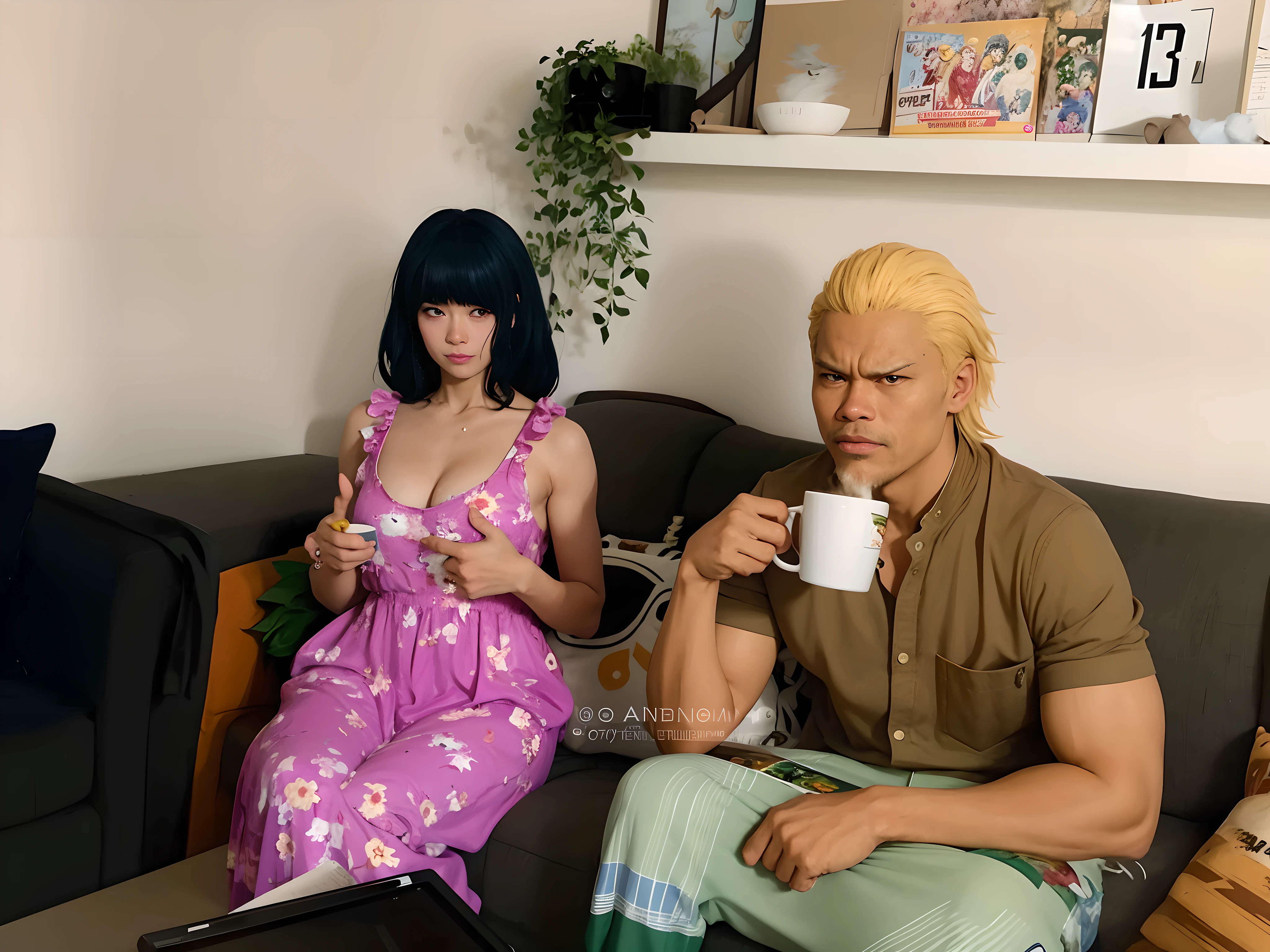 there are two people sitting on a couch with a coffee cup, anime cosplay, realistic cosplay, cosplay, professional cosplay, cosplayer, from one piece, full-cosplay, publicity cosplay, 🪔 🎨;🌞🌄, posing as a jojo character, inspired by Eiichiro Oda, 🔥 😎 🕹️ 👀 :2, leaked image, akira toriyama 📹