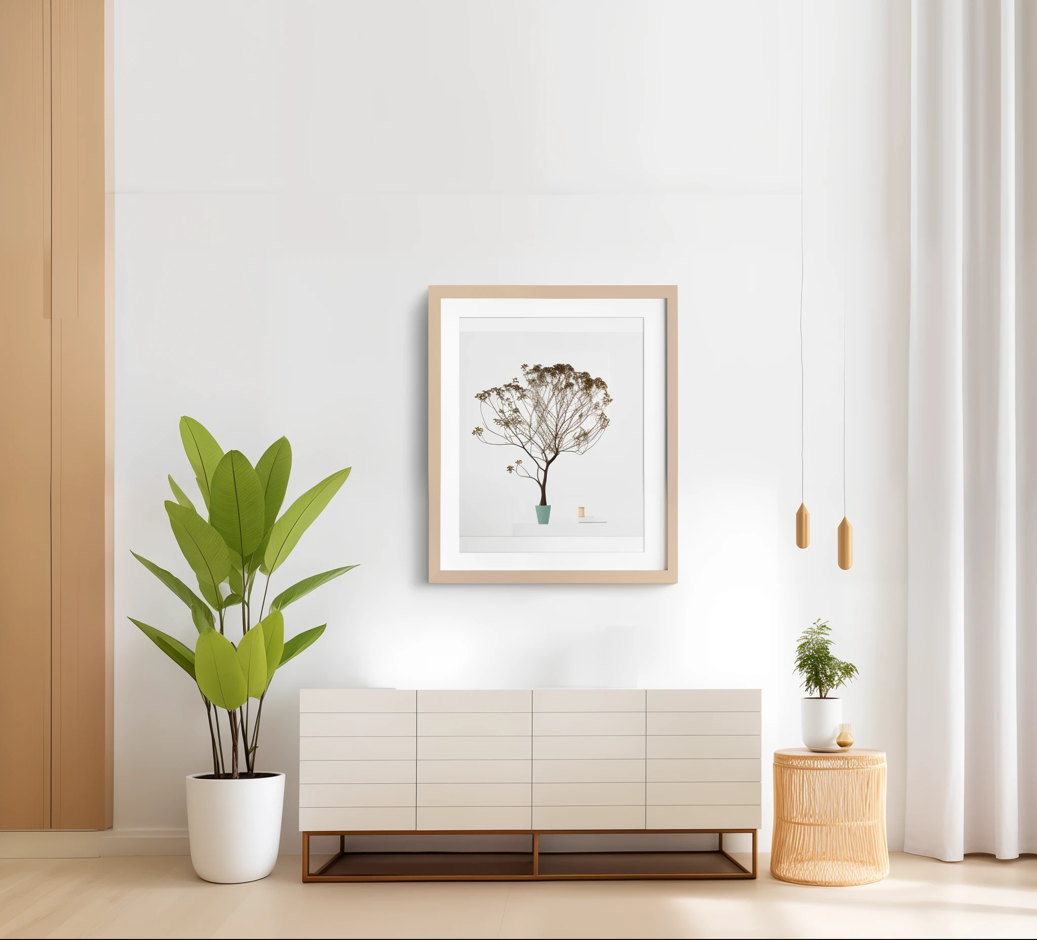 There's a plant in a pot next to a picture on the wall, colocado em uma sala de estar, Arte minimalista, colocado em uma grande sala de estar, furniture photography, ambiente minimalista, extremely high quality artwork, pintura minimalista, muito minimalista, one-line art printing, estilo de arte minimalista, limited edition print, paredes de madeira com arte emoldurada, Figura de Lichtenberg