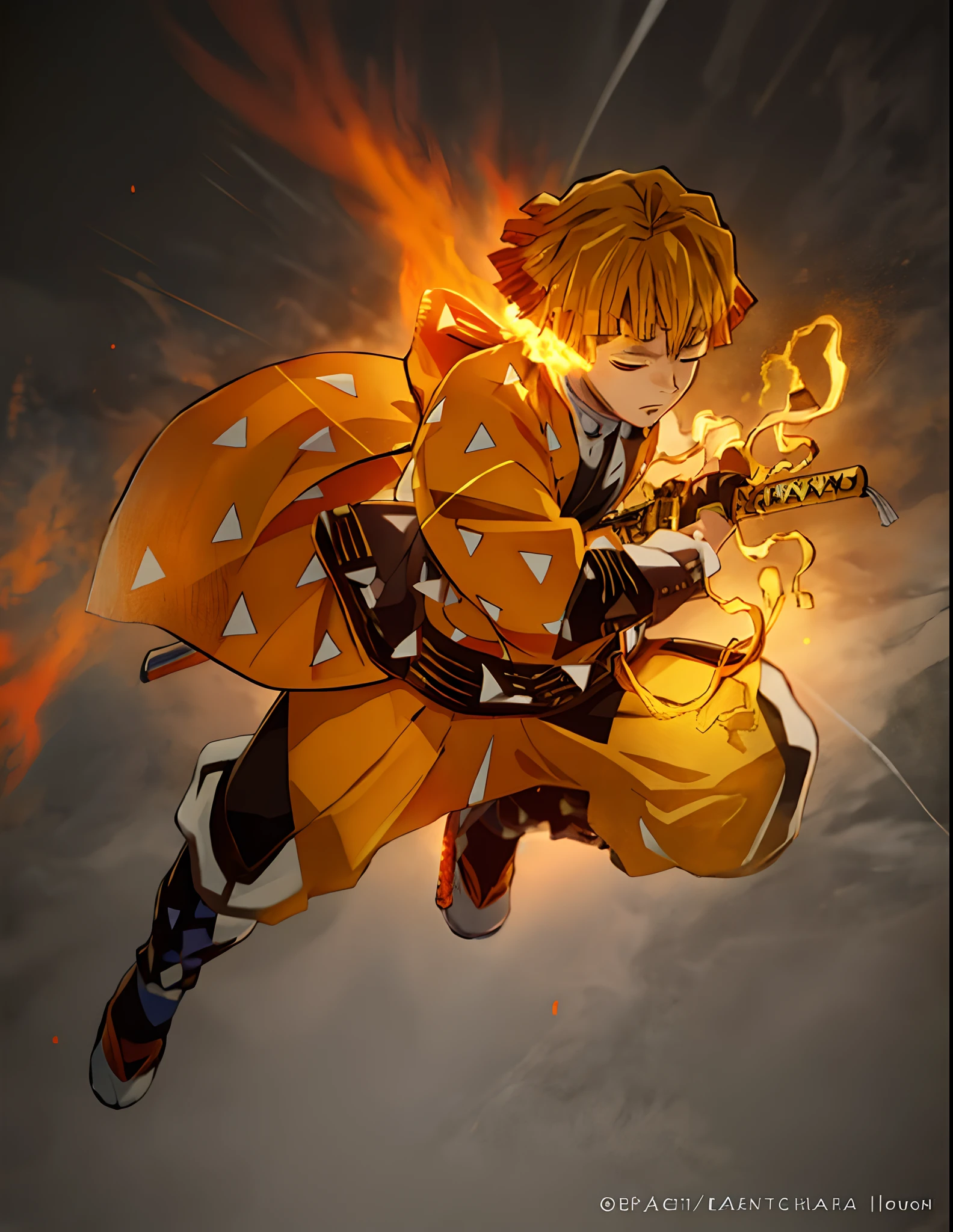 Zenitsu Agatsuma, orange-haired anime boy from the world of Demon Slayer, stands in the midst of a blazing inferno. He is wearing a vibrant yellow jacket and stylish black pants, completing his eye-catching outfit. With his intensively detailed face, Zenitsu's closed eyes radiate a sense of tranquility. In his hand, he tightly grips a sleek katana, ready to unleash his lightning-fast attacks. The atmosphere is filled with a vivid orange color palette, enhancing the intensity of the scene. The lighting gracefully illuminates Zenitsu's figure, casting shadows that add depth and realism to the overall composition. This prompt guarantees the best quality output, ensuring ultra-detailed and realistic results. The artwork will showcase Zenitsu's unique anime-inspired style, stunning viewers with its remarkable level of detail and fine painting.