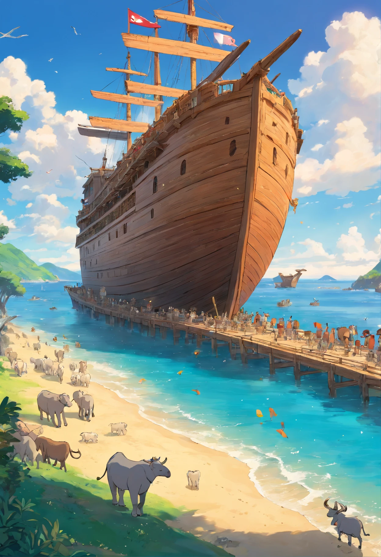 Noah Ark, large ship made of wood, anchored at the edge of the beach, (there are elephants, giraffes, goats, buffalo, sheep, wolves, rhinos, lions, tigers and other animals on board the ship), no human beings are aware, film grain, cinematic scene, Masterpiece