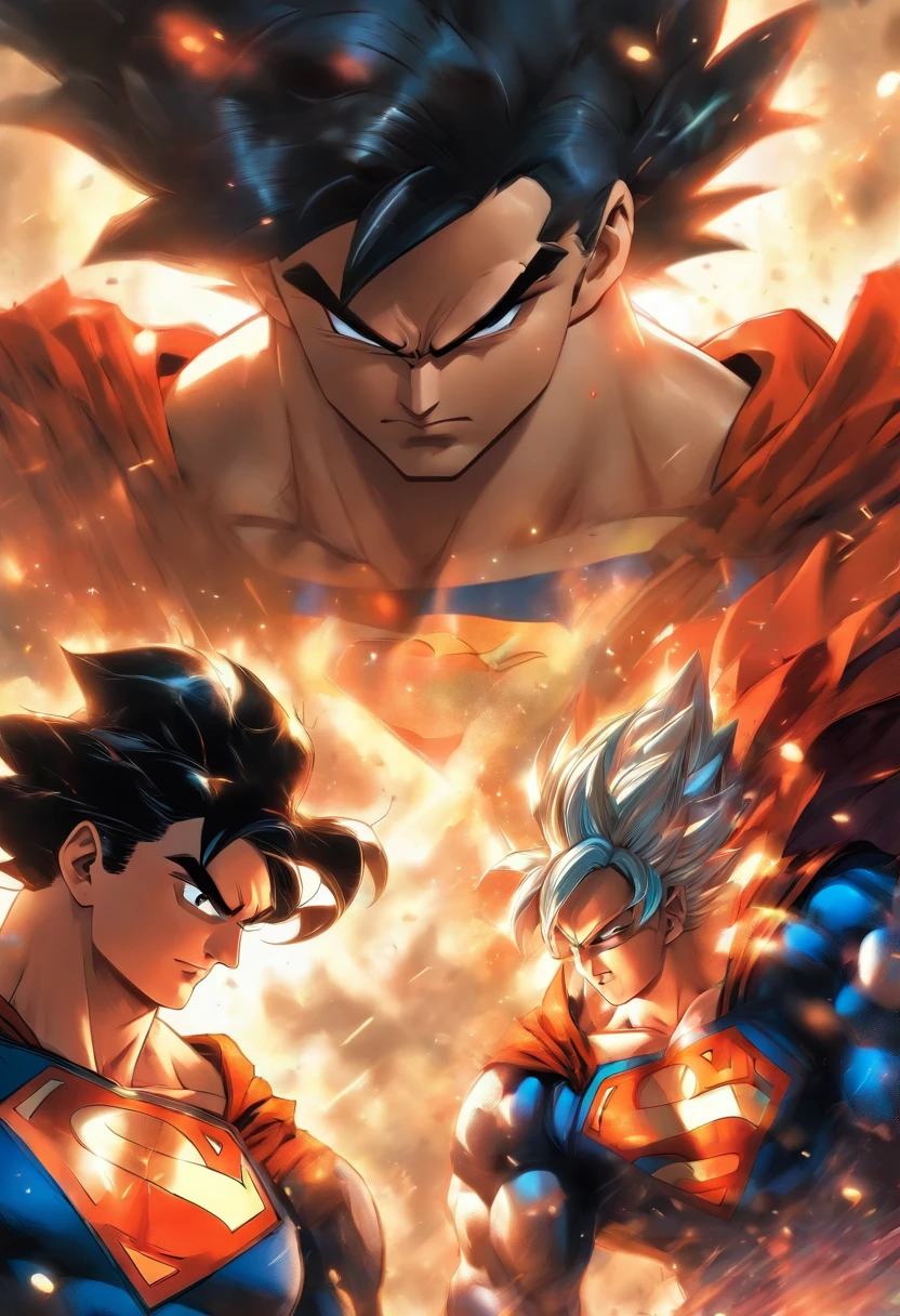Superman and Son Goku standing face to face next to each looking at each other, in stunning style