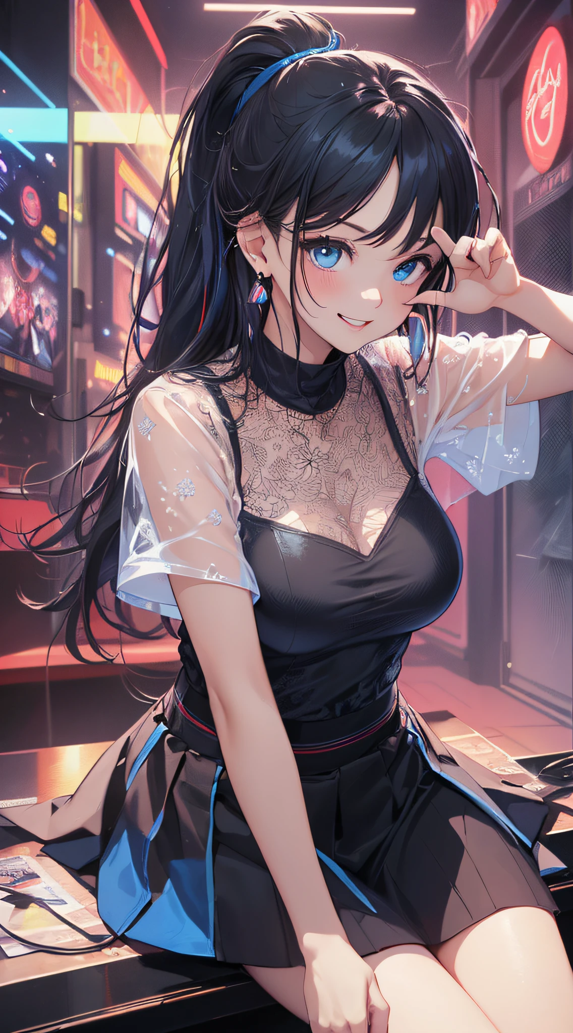 (masterpiece), (HDR), absurdres, (best quality), (ultra high quality), (hi-res), (1girl), (light blue eyes), beautiful detailed eyes, (((dark brown hair))), bangs, short side locks, (((chin length hair))), (wavy hair 1.2), (((silver star hair pin))), (medium breast), ((perky breasts)), ((plunge neckline)), corset, thin waist, wide hips, tight mini skirt, (happy expression), smile, (looking at viewer), sticking chest out, posing, dancing, night time, city scenery, arms up, one leg up, ecchi