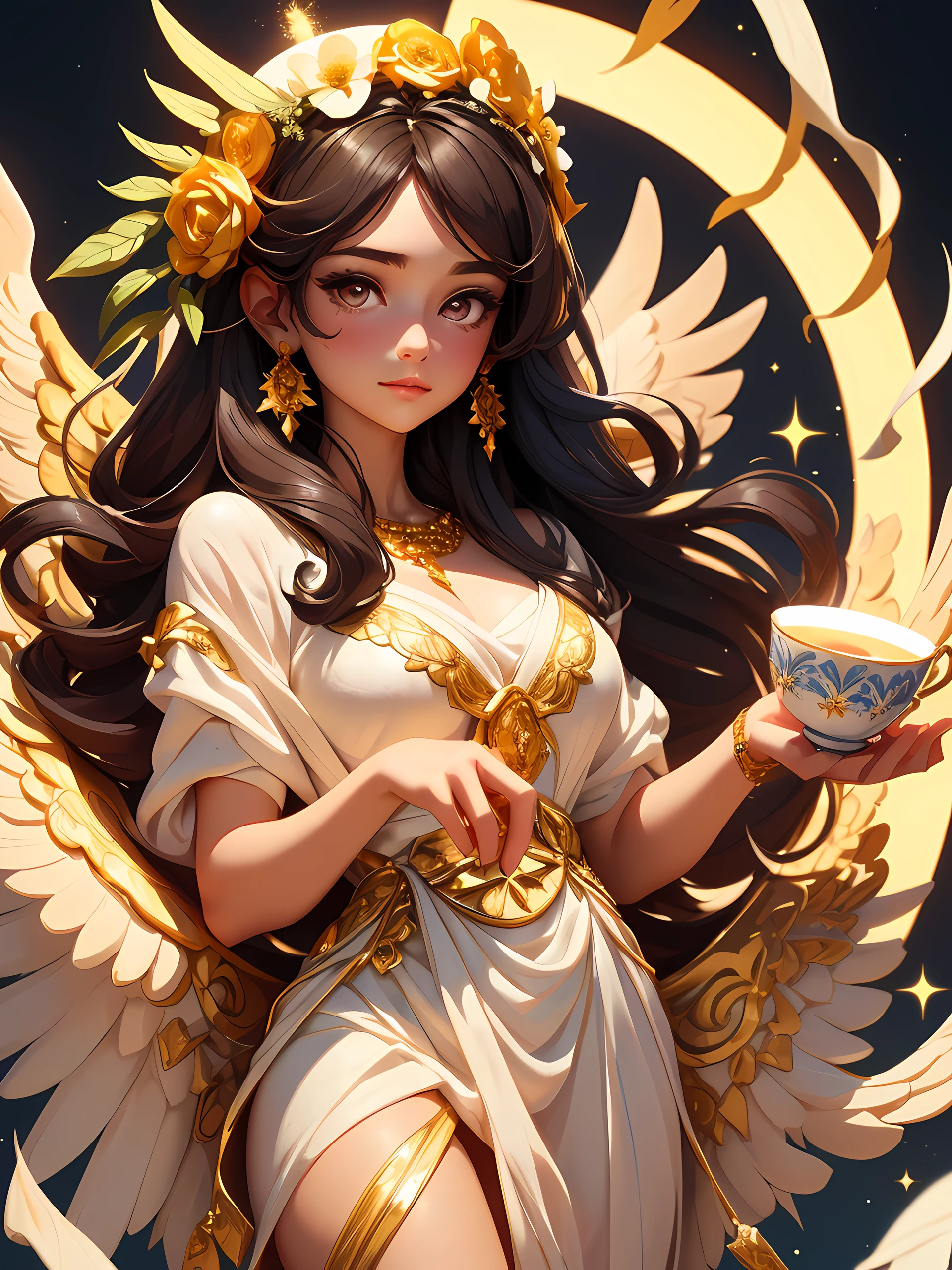 Greek goddess Hebe depicted as a young virgin, holding a cup and wearing a white Greek white long dress and wearing a flower crown or a golden wreath and a garment made up of varying colours. She has dark hair and sparkling eyes and is sometimes accompanied by an eagle. capture her mesmerizing grace and ethereal heavenly beauty, best lighting, high quality, 8K, HD