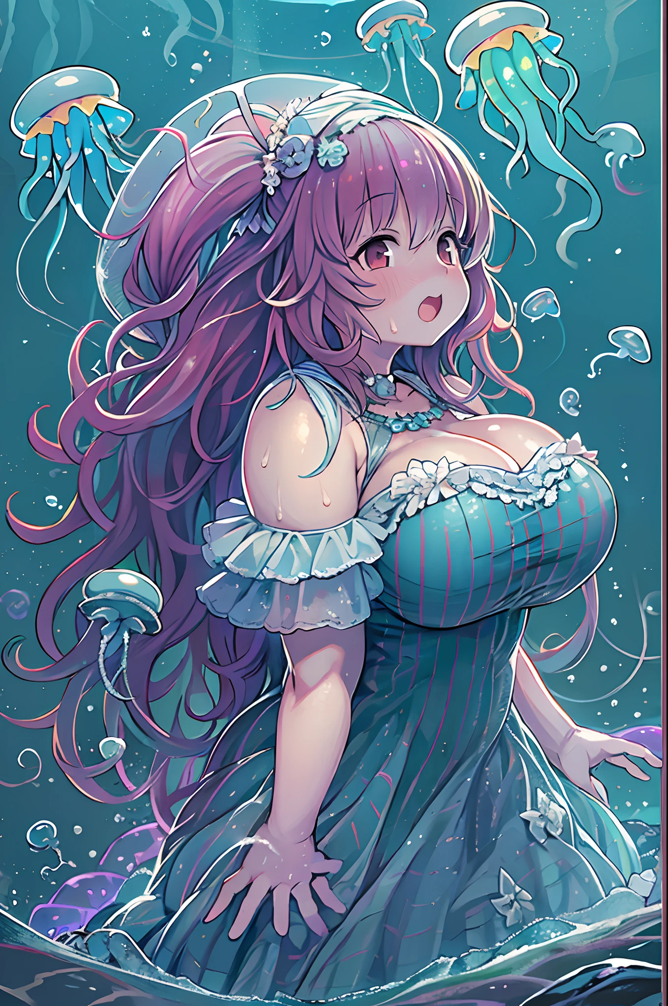 Pretty girl yes,huge-breasted,kawaii,(Jellyfish girl:1.2),bbw、 arms behind back,under the water,frilly dress,