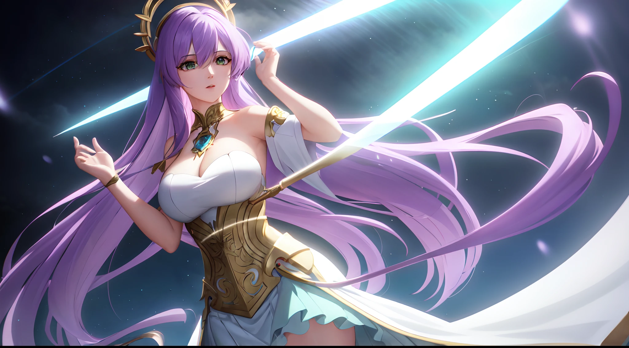 Athena with plain long light purple hair,hair between eyes,green eyes,rosy cheeks,full lips,thin eyebrows,slender body,regal attire with very long skirt,cute anime girl,full body,crystals cave,anime style,Lumen Reflections,Screen Space Reflections,Diffraction Grading,Chromatic Aberration,GB Displacement,Scan Lines,Ray Traced,Anti-Aliasing,FXAA,TXAA,RTX,SSAO,Shaders,OpenGL-Shaders, GLSL-Shaders,Post Processing,Post-Production,cell Shading,Tone Mapping,CGI,VFX,SFX,insanely detailed and intricate, 4K,standing, solo, masterpiece, best quality, detailed face, detailed eyes, highres, standing, solo, large_breasts, masterpiece, best quality