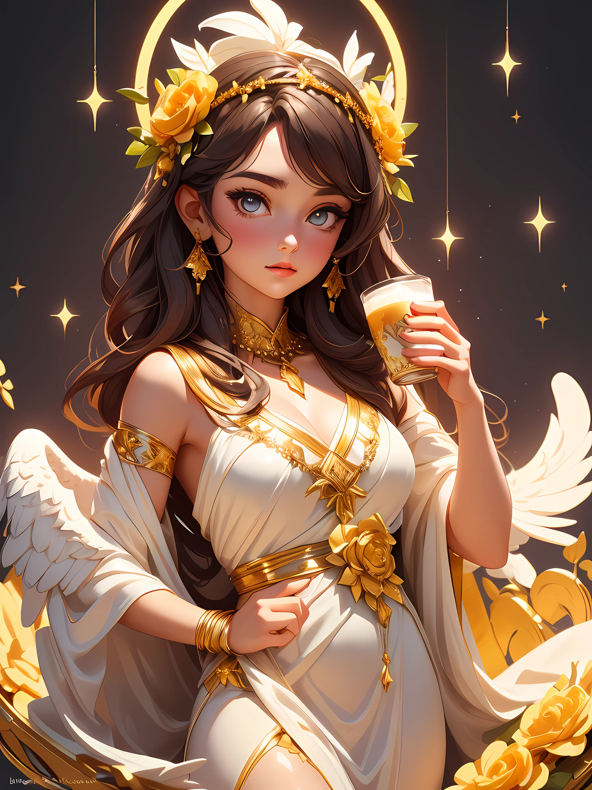 Greek goddess Hebe depicted as a young virgin, holding a cup and wearing a white Greek white long dress and wearing a flower crown or a golden wreath and a garment made up of varying colours. She has dark hair and sparkling eyes and is sometimes accompanied by an eagle. capture her mesmerizing grace and ethereal heavenly beauty, best lighting, high quality, 8K, HD