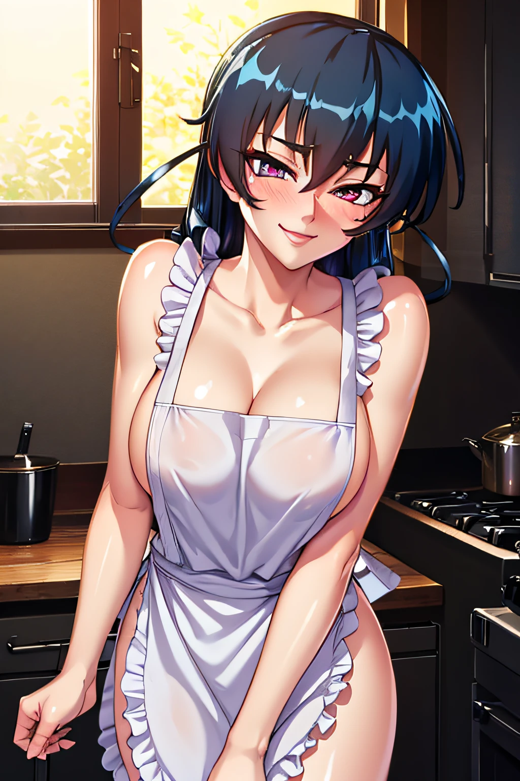 asagi, (naked apron:1.2),cleavage,long hair, blue hair, hair between eyes, sidelocks, purple eyes, looking at viewer, kitchen,(highres, high quality:1.1), intricate details, cinematic lighting, 1girl,(red blush,smile),