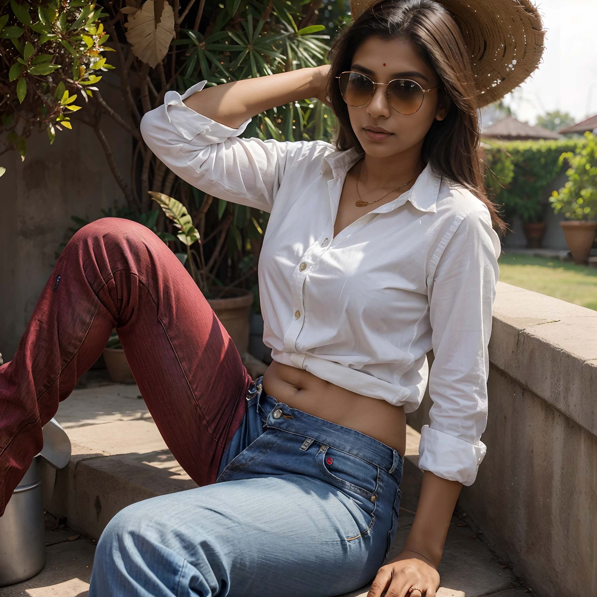 Indian beautiful woman wearing red jeans and white shirt and and sun glasses, HDR,