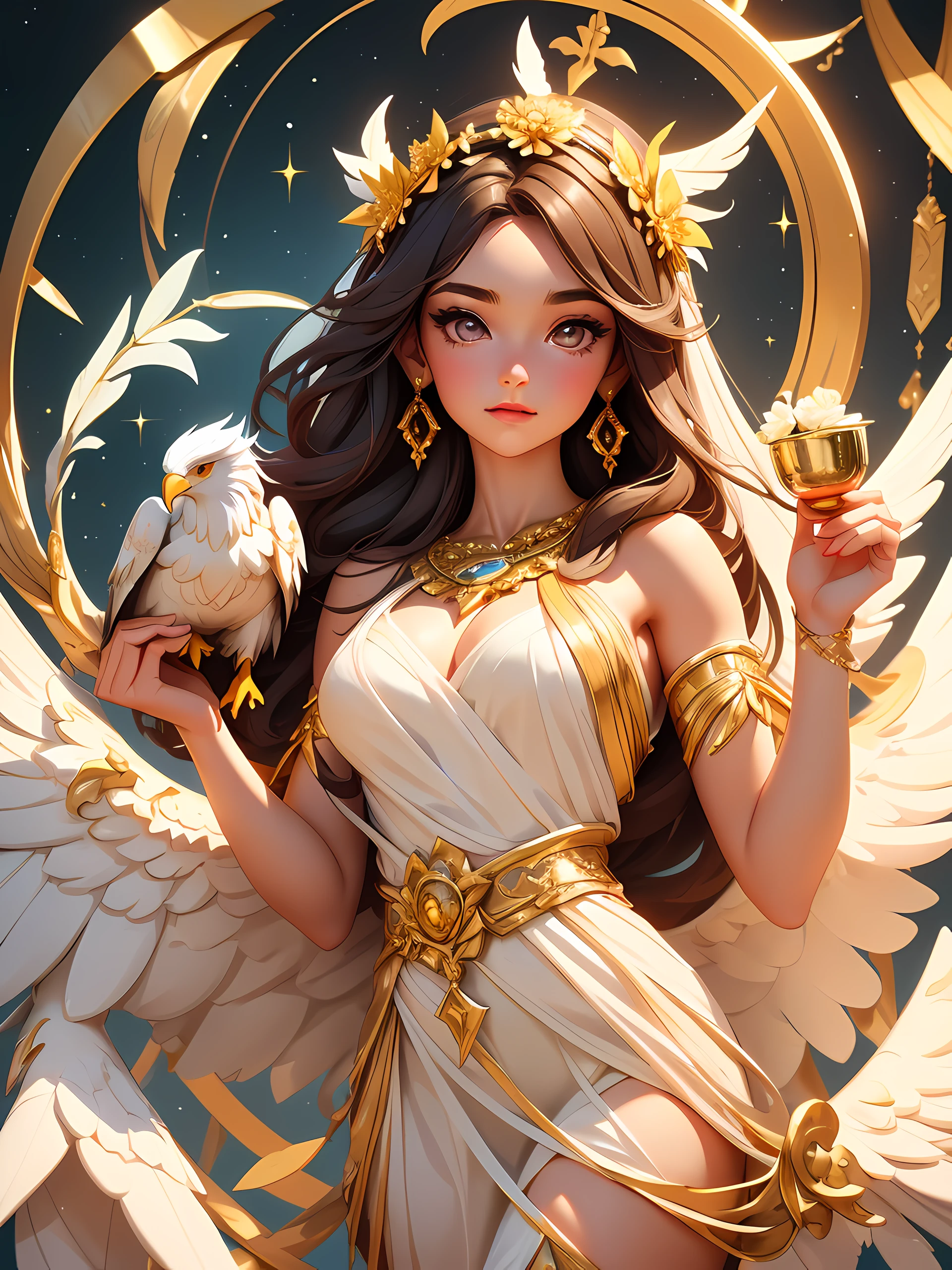 Greek goddess Hebe depicted as a young virgin, holding a cup and wearing a white Greek white long dress and wearing a flower crown or a golden wreath and a garment made up of varying colours. She has dark hair and sparkling eyes and is sometimes accompanied by an eagle. capture her mesmerizing grace and ethereal heavenly beauty, best lighting, high quality, 8K, HD