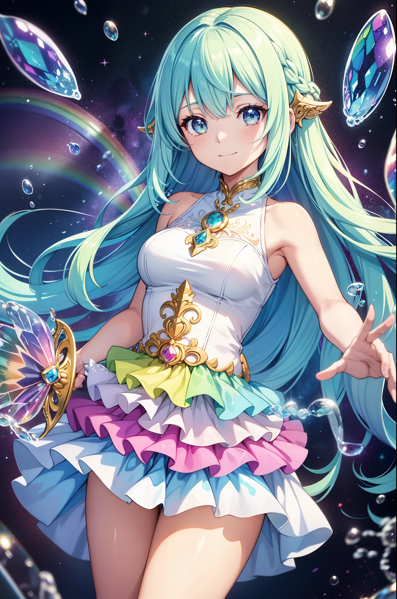 masutepiece, Best Quality, Intricate details,Beautiful Girl, Light blue long hair, Twin-tailed, A charming smile, Sparkling eyes, Otherworldly Crystal Fantasia Background, watercolor paiting, bright vivid colors, capricious, Colorful, Layered Tiered Puffy, ((iridescent rainbow bubbles))