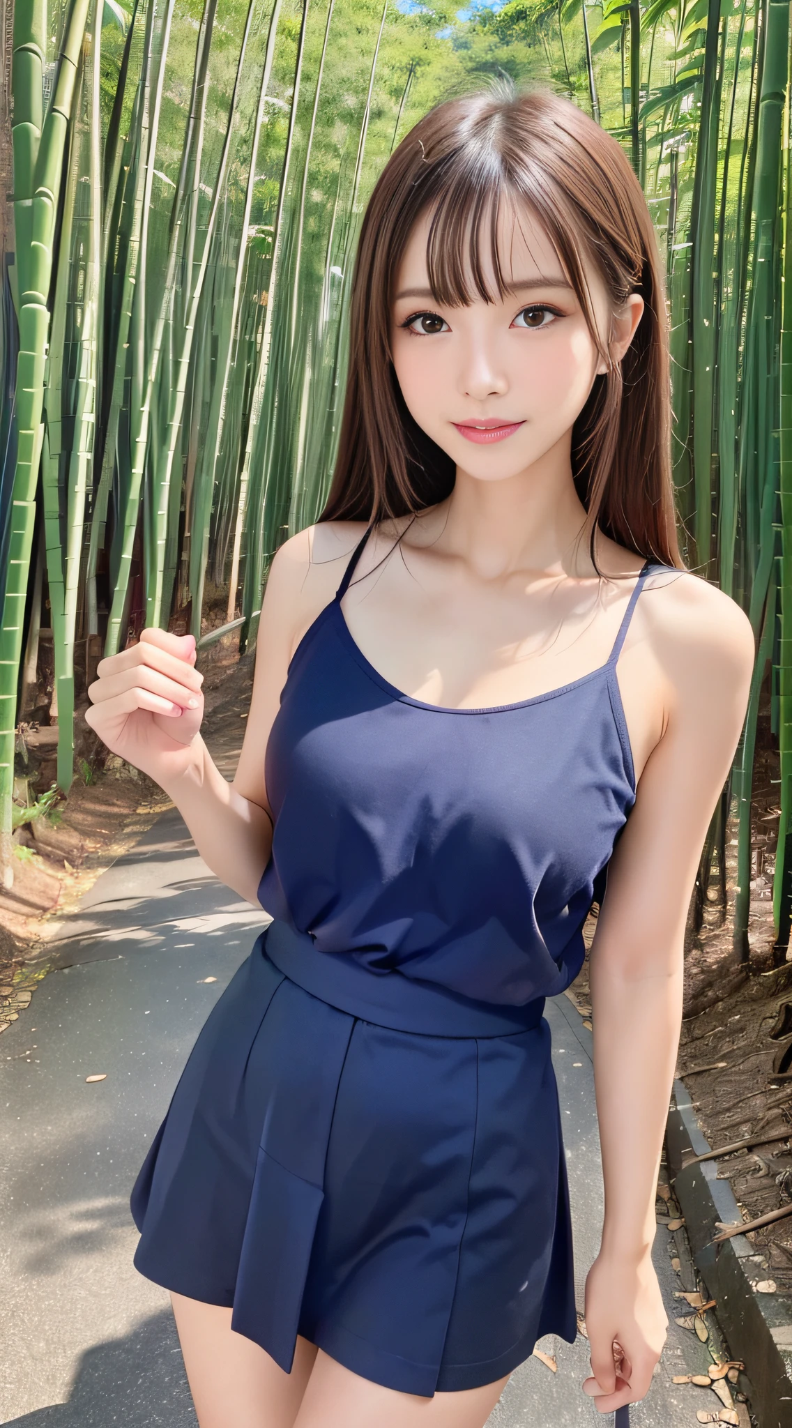(Best Quality, masutepiece, Ultra HD: 1.3), 1womanl, （middlebreasts）, light brown hair, Blunt bangs, hair behind ear, hair over shoulder, （Long hair）,wetting hair,（ slender body shape）, （Ultra Fine Face）, Delicate lips,（beautidful eyes）, thin blush, The eyes are brown eyes, （Wet and shiny skin, flawless skin :1.3）,鎖骨, hide one's hands,（ Black tops, Dark blue tight skirt, （Wet:1.5)),(a japanese girl,hposing Gravure Idol),(Posture with armpits wide open：1.3),Smile,,bustshot,（bamboo forrest:1.5）