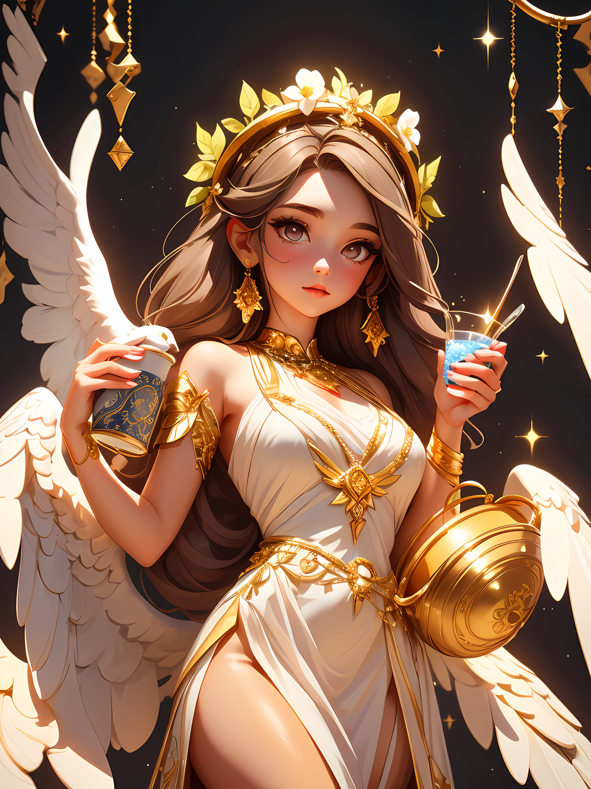 Greek goddess Hebe depicted as a young virgin, holding a cup and wearing a white Greek white long dress and wearing a flower crown or a golden wreath and a garment made up of varying colours. She has dark hair and sparkling eyes and is sometimes accompanied by an eagle. capture her mesmerizing grace and ethereal heavenly beauty, best lighting, high quality, 8K, HD