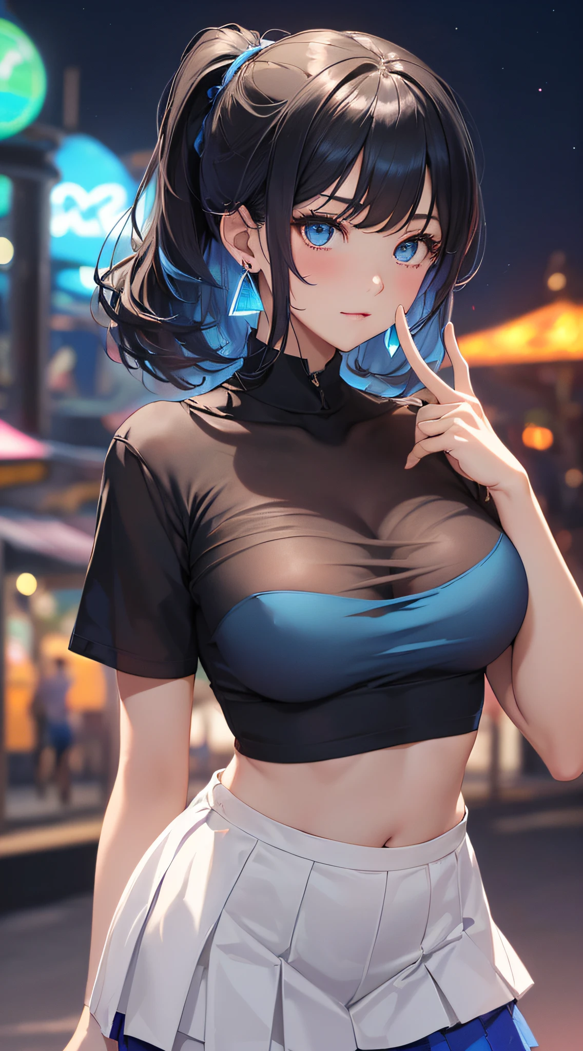 top-quality、Top image quality、masterpiece、girl with((18year old、Best Bust、Medium bust、Bust 85,Beautiful blue eyes、Breasts wide open,Black Short Sleeve T-Shirt、White see-through、Black short skirt、Ponytail with black hair、Beautiful blue earrings、A slender、Height 175cm,Leaning forward、Blue mesh at left bangs、V-sign with your finger))hiquality、Beautiful Art、Background with((Night amusement park、Red and blue lighting)),masutepiece、Elaborate design、visualart、depth of fields、The best lighting、highestdetailed、