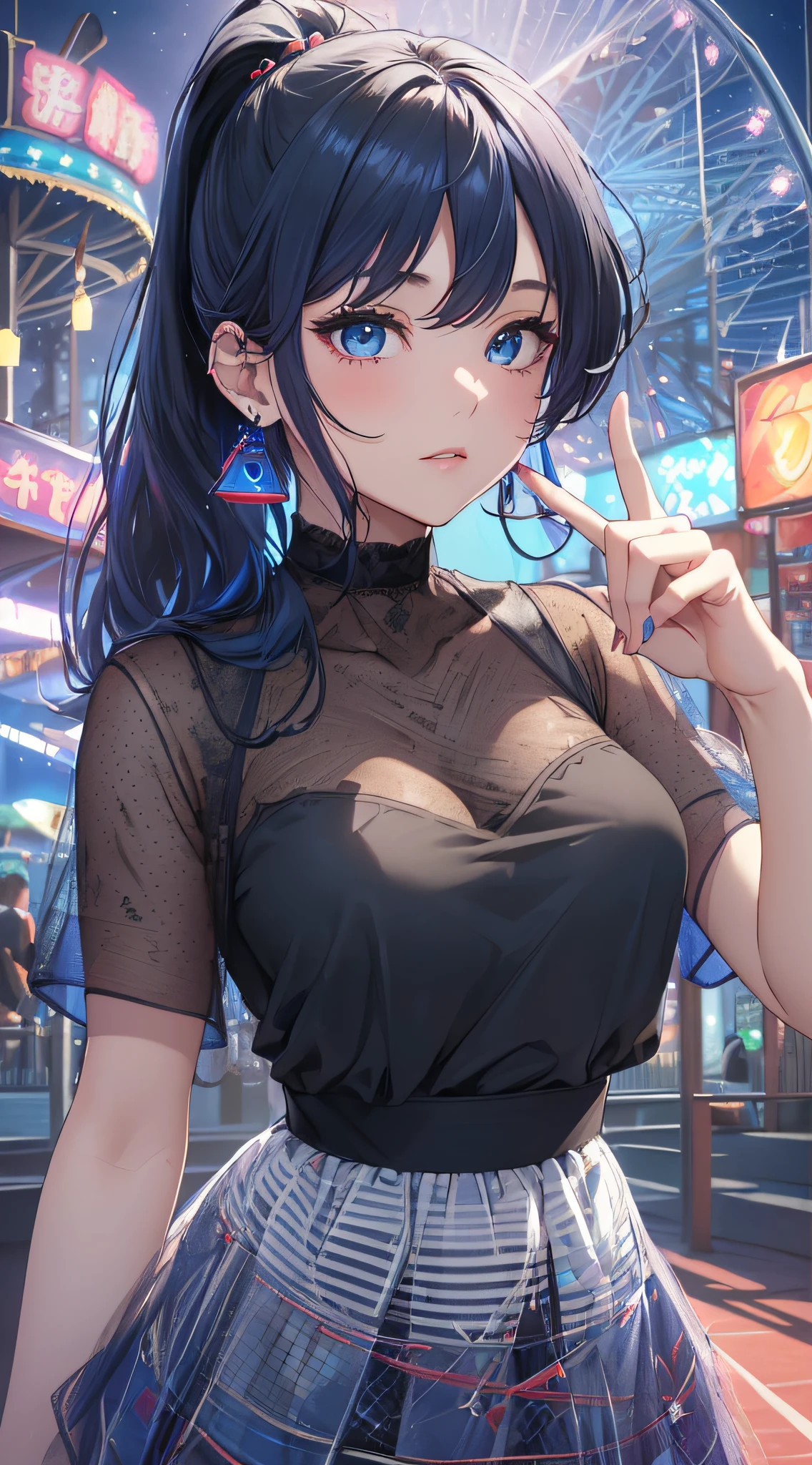 top-quality、Top image quality、​masterpiece、girl with((18year old、Best Bust、Medium bust、Bust 85,Beautiful blue eyes、Breasts wide open,Black Short Sleeve T-Shirt、White see-through、Black short skirt、Ponytail with black hair、Beautiful blue earrings、A slender、Height 175cm,Leaning forward、Blue mesh at left bangs、V-sign with your finger)）hiquality、Beautiful Art、Background with((Night amusement park、Red and blue lighting)),masutepiece、Elaborate design、visualart、depth of fields、The best lighting、highestdetailed、