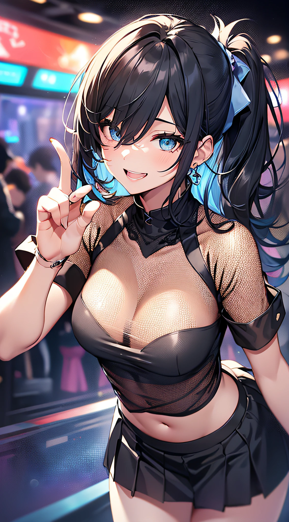 top-quality、Top image quality、masterpiece、girl with((18year old、Best Bust、Medium bust、Bust 85,Beautiful blue eyes、Breasts wide open,Black Short Sleeve T-Shirt、White see-through、Black short skirt、Ponytail with black hair、Laugh、Beautiful blue earrings、A slender、Height 175cm,Leaning forward、Blue mesh at left bangs、V-sign with your finger))hiquality、Beautiful Art、Background with((Game Center、nightclubs、Red and blue lighting)),masutepiece、Elaborate design、visualart、depth of fields、The best lighting、highestdetailed、