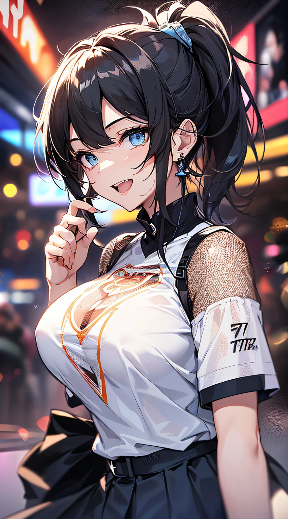 top-quality、Top image quality、masterpiece、girl with((18year old、Best Bust、Medium bust、Bust 85,Beautiful blue eyes、Breasts wide open,Black Short Sleeve T-Shirt、White see-through、Black short skirt、Ponytail with black hair、Laugh、Beautiful blue earrings、A slender、Height 175cm,Leaning forward、Blue mesh at left bangs、V-sign with your finger))hiquality、Beautiful Art、Background with((Game Center、nightclubs、Red and blue lighting)),masutepiece、Elaborate design、visualart、depth of fields、The best lighting、highestdetailed、