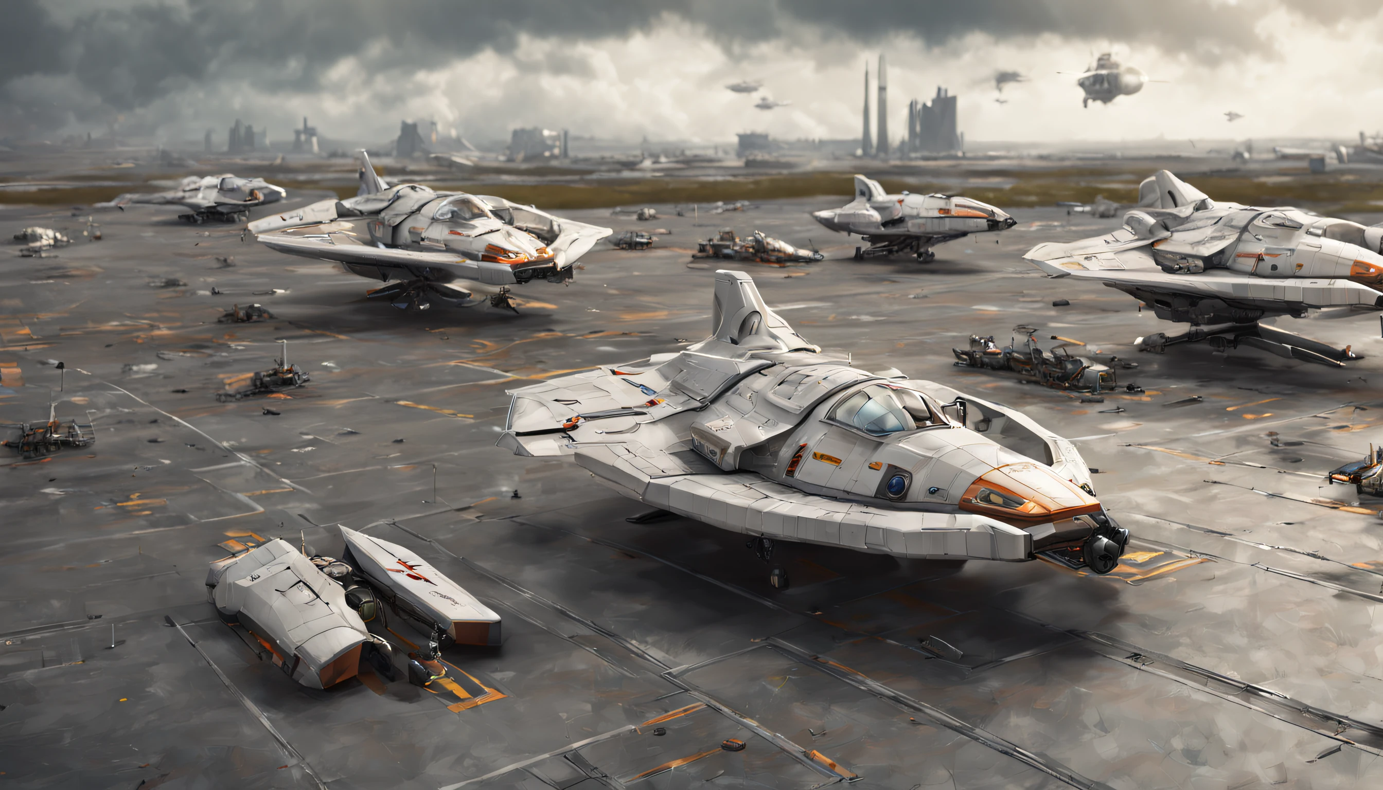 detailed, (spaceships on the ground:1.5), spaceship parking lot, long-distance workers, one spaceship taking off, cloudy weather, artstation render