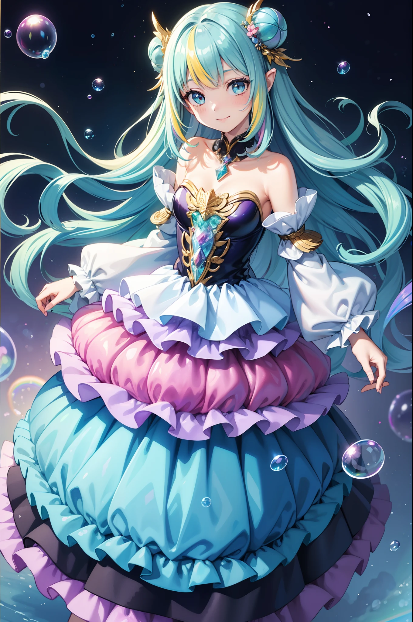 masutepiece, Best Quality, Intricate details,Beautiful Girl, Light blue long hair, Twin-tailed, A charming smile, Sparkling eyes, Otherworldly Crystal Fantasia Background, watercolor paiting, bright vivid colors, capricious, Colorful, Layered Tiered Puffy Long Sleeve Ball Gown, ((iridescent rainbow bubbles))