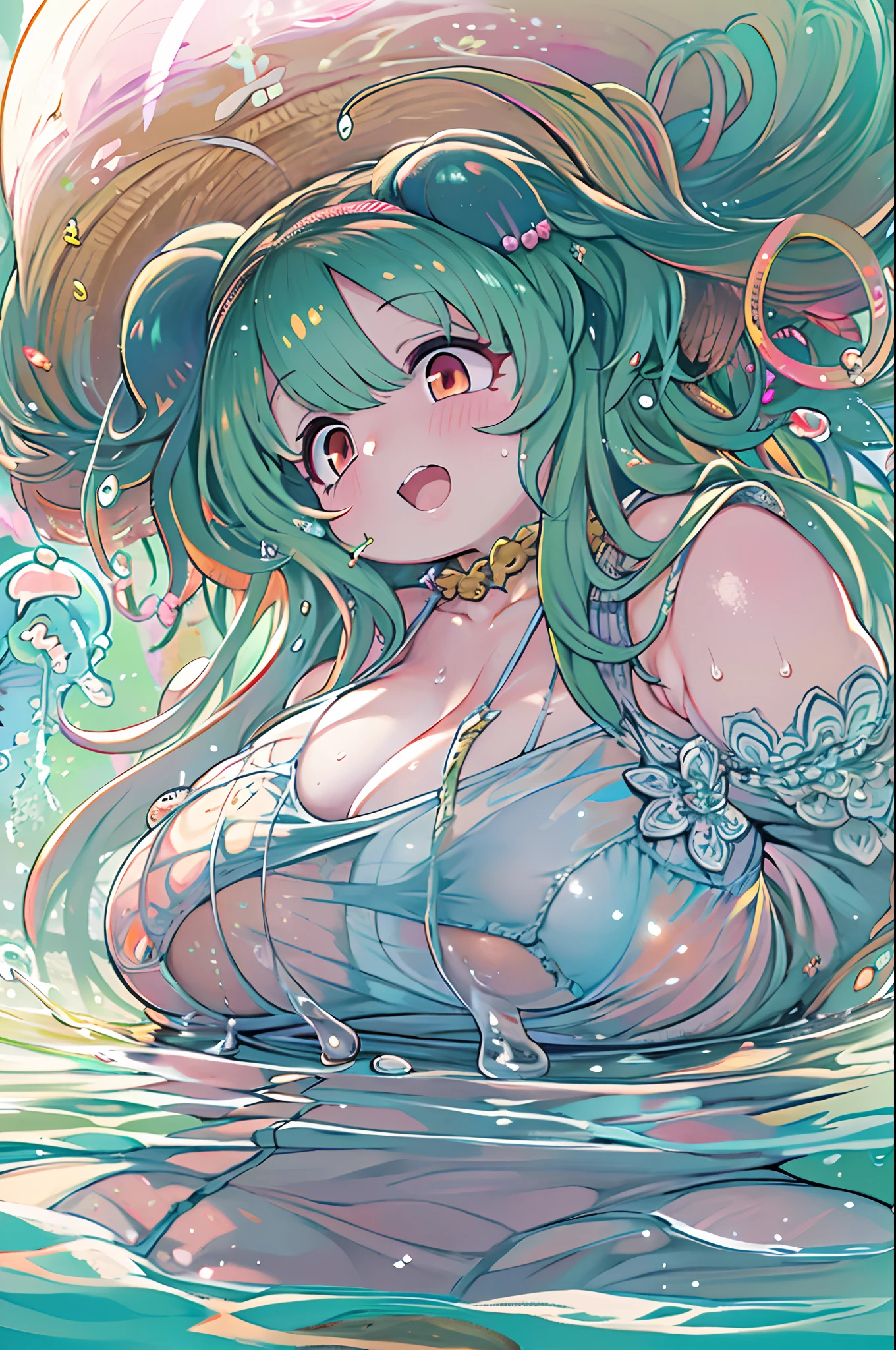 Pretty girl yes,huge-ed,kawaii,(Jellyfish girl:1.2),bbw、 a behind back,under the water,frilly dress,