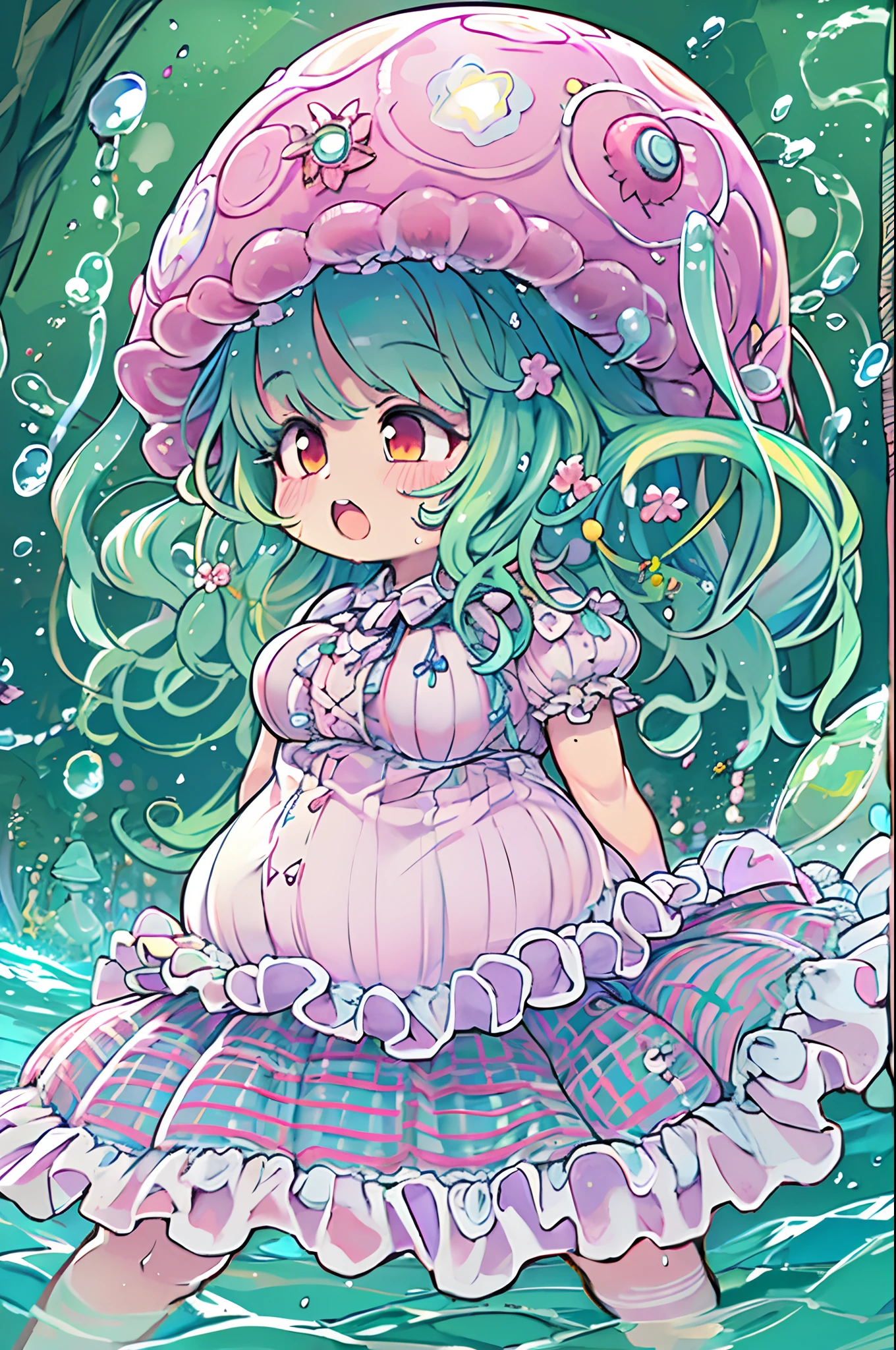 Pretty girl yes,huge-breasted,kawaii,(Jellyfish girl:1.2),bbw、 arms behind back,under the water,frilly dress,