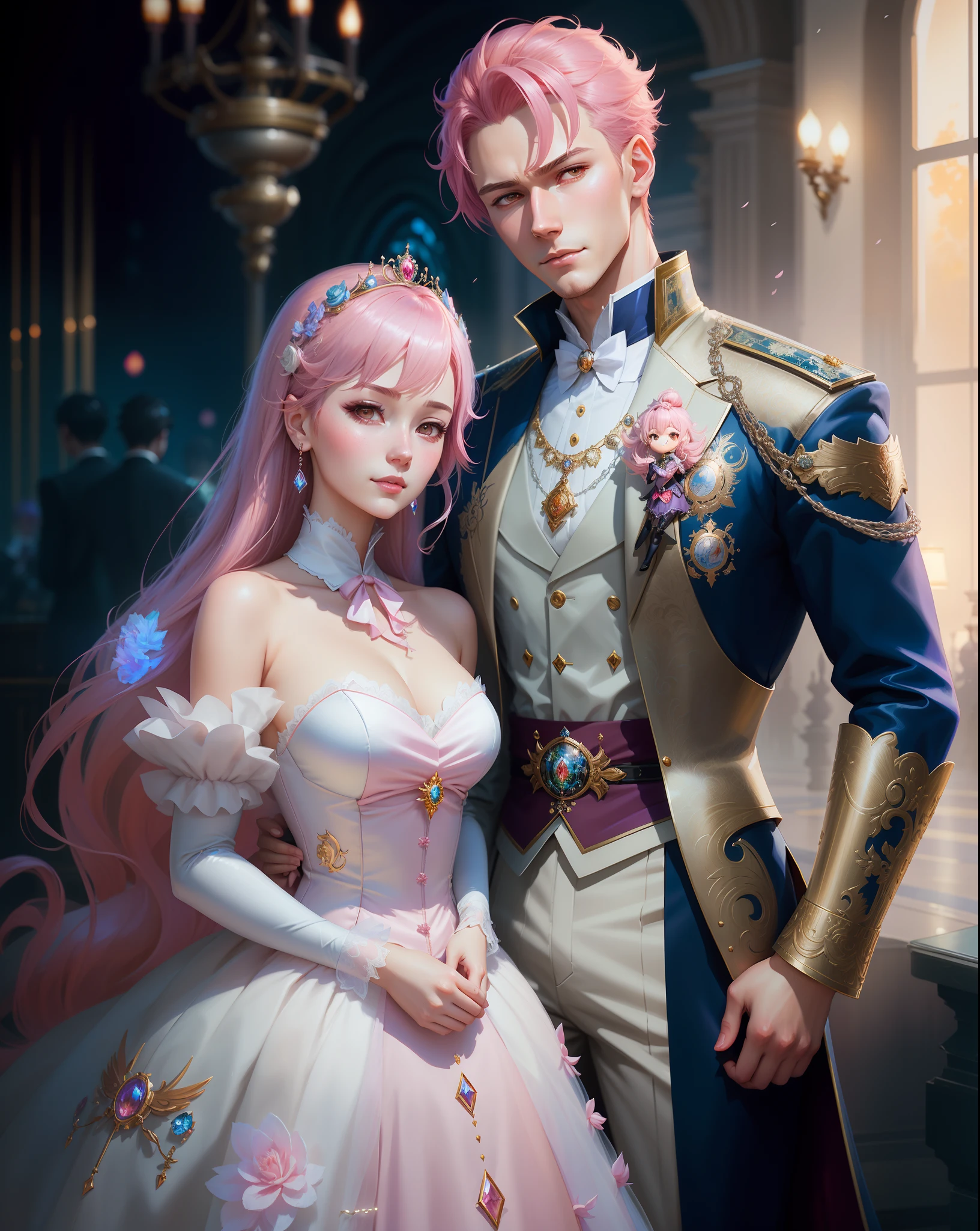 there are two people dressed in formal clothing posing for a picture, wlop and sakimichan, artwork in the style of guweiz, wlop and ross tran, wlop and andrei riabovitchev, neoartcore and charlie bowater, loish and wlop, knight and princess, loish and ross tran, girl with pink blode hair