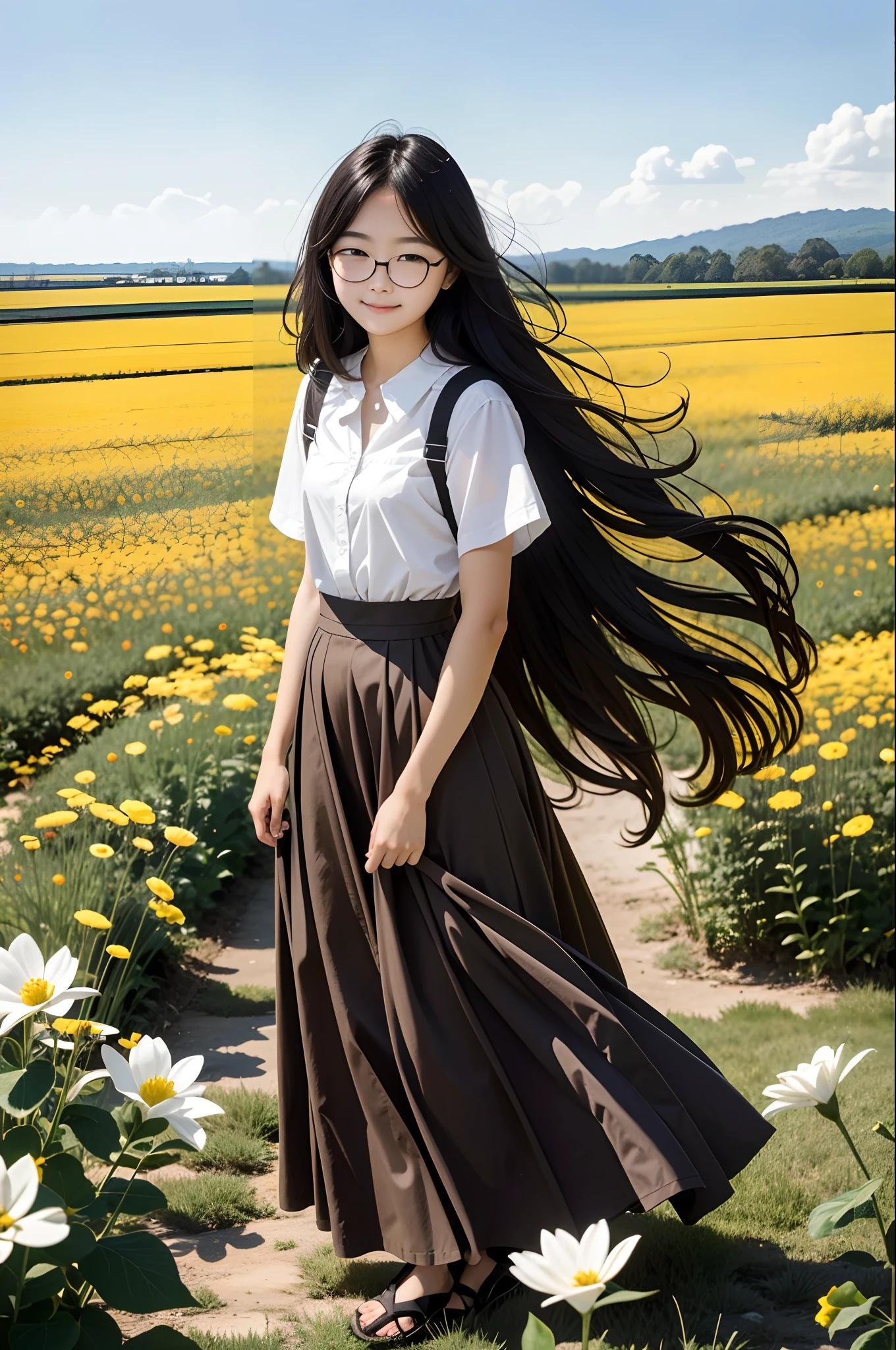 MaryBethRDR, 1girl 18 years old, 独奏, round face, Large shiny dark brown eyes, long eyelashes, eyeglasses, long brown thick hair, fluttering in the wind, Holding a flower, On a flower field, Cute Modest Shy Smile, Full-length photo from a distance of a few meters from the girl(Lots of backstory around)