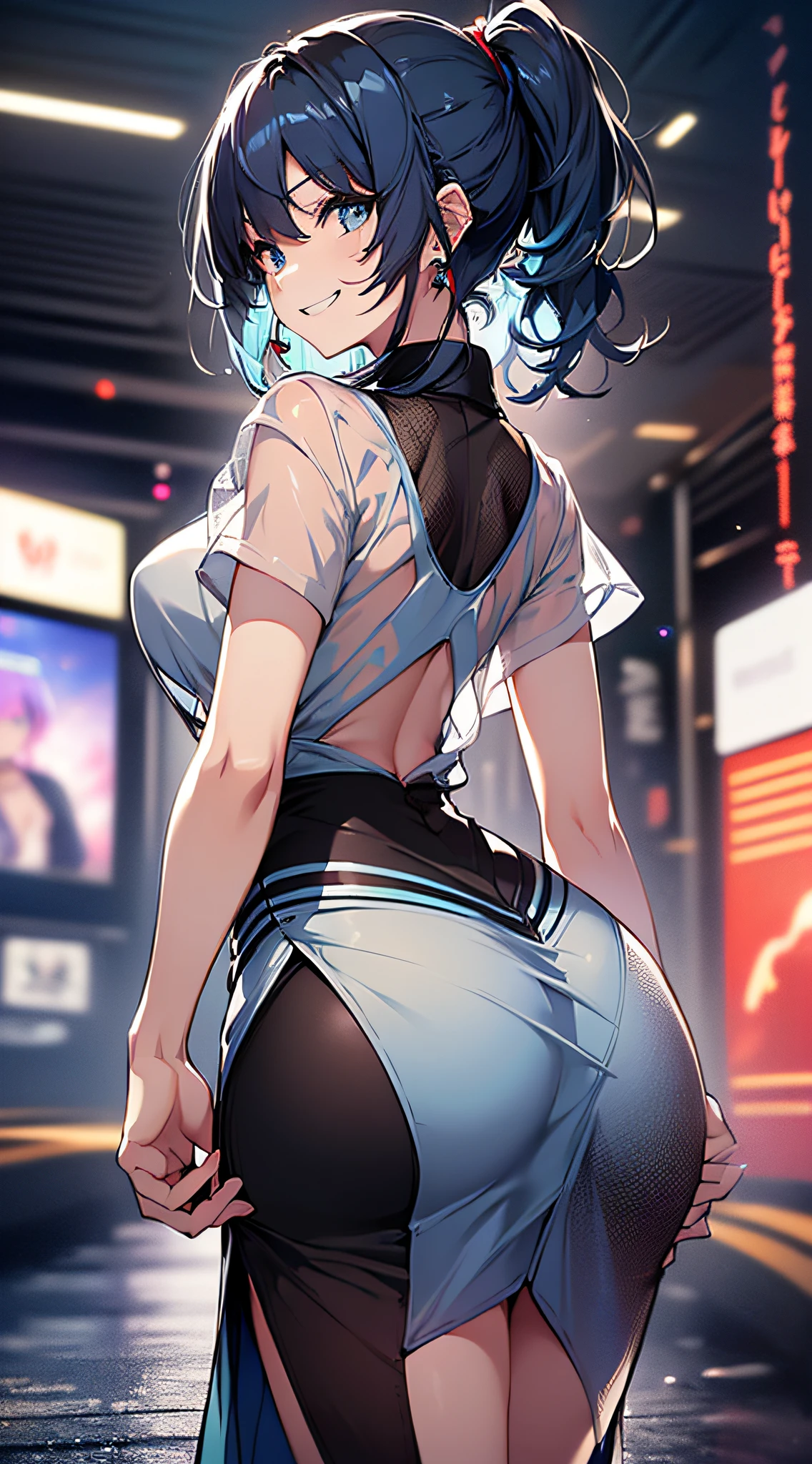 top-quality、Top image quality、​masterpiece、girl with((18year old、Best Bust、Medium bust、Bust 85,Beautiful blue eyes、Breasts wide open,Black Short Sleeve T-Shirt、White see-through、Black short skirt、Ponytail with black hair、grin、Fashionable bags、Beautiful blue earrings、emphasis on the buttocks、A slender、Height 175cm,posterior view、Leaning forward、Blue hair mesh)）hiquality、Beautiful Art、Background with((Inside the cinema、Red and blue lighting)),masutepiece、Elaborate design、visualart、depth of fields、The best lighting、highestdetailed、
