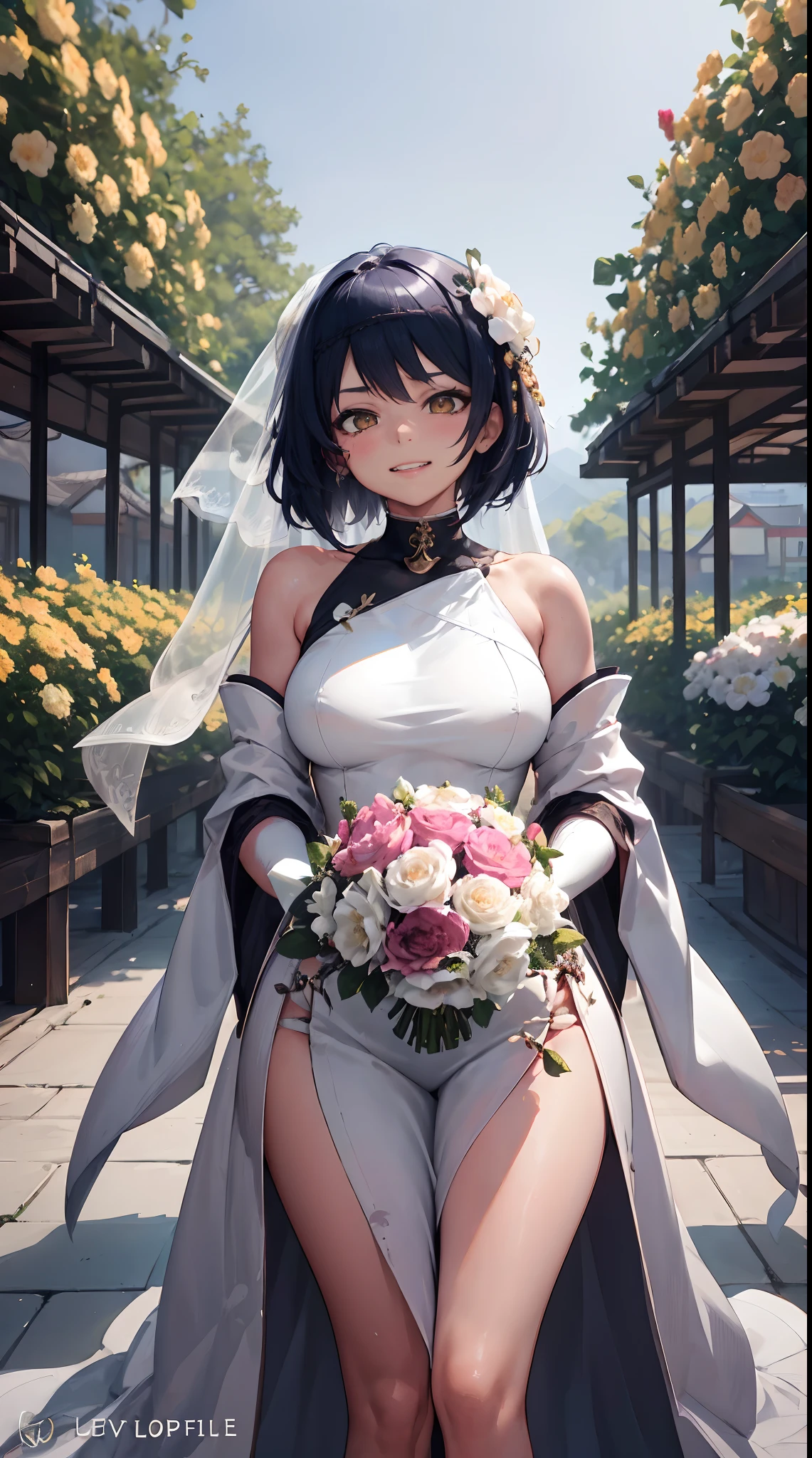 Kujou Sara | genshin impact, master-piece, bestquality, 1girls,25 years old, proportional body, proportional., Wedding Dresses, White Wedding Dress, Long skirt, wedding, ,bara, Standing in the middle of a flower garden, outdoor, wedding, The sky is beautiful, In a paradise of love and happiness.............................., The bride wears a Japanese dress and a seductive smile.............................., The passage of time stops at theirs.............................., On this wedding day of love and happiness.............................., Bright and beautiful flowers, Holding it in her hands symbolizes the envelopment of love.............................., Love and friendship through the transmission of flowers, In a paradise of love and happiness.............................., A bride in a yukata wearing a masika.............................., It is a form of beauty and elegance.............................., Show your spouse your heart............................., In a paradise of love and happiness.............................., Kochikugisa is the tree of new beginnings.............................., And their love and affection..........................., And suck a lot of love.............................., Flowers represent love and peace.............................., In a paradise of love and happiness.............................., View viewers from the front., Thigh strap, Head tilt, bored, 10, 10, HD, slight smile,