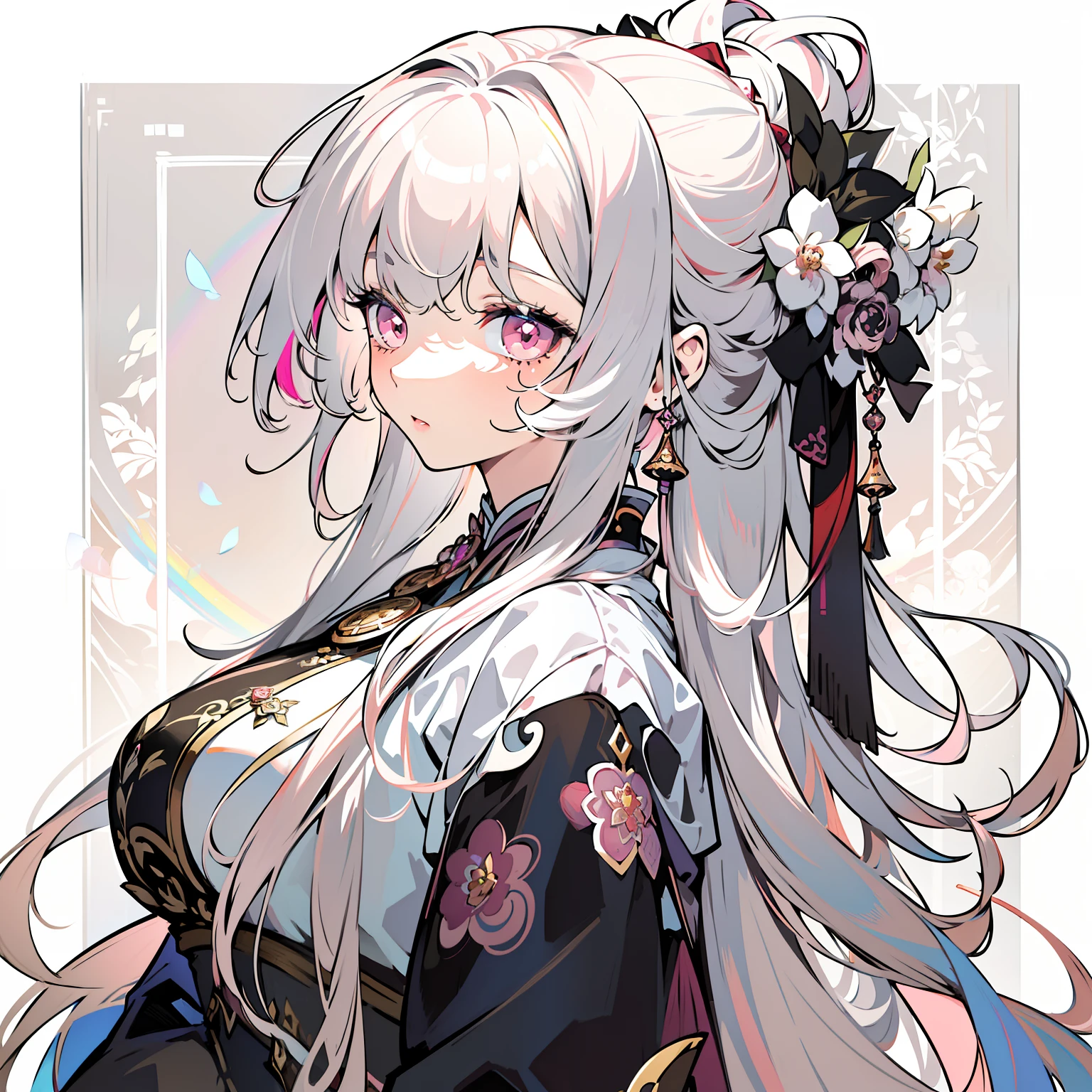 masterpiece, bestquality, official art, high-detail, illustration,
1 girl, Upper body, detailed eyes, Light pink eyes,
Hanfu pink gradient, Intricate patterns, luxury dress, Dynamic Poses,
(Long rainbow hair:1.1), (White Hair:1.2), floating hair, Light pink hair ends, (knit:0.8) gradient hair,