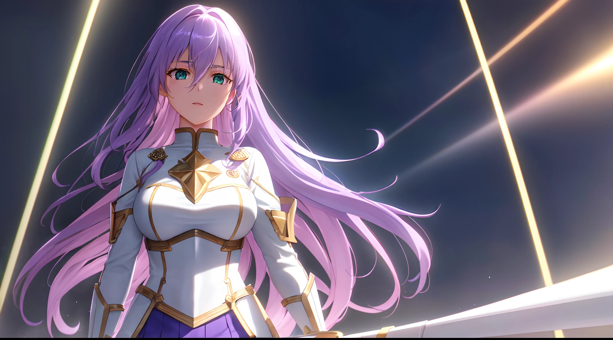 Athena with plain long light purple hair,hair between eyes,green eyes,rosy cheeks,full lips,thin eyebrows,slender body,golden juliet knight armor with very long skirt,cute anime girl,full body,crystals cave,anime style,Lumen Reflections,Screen Space Reflections,Diffraction Grading,Chromatic Aberration,GB Displacement,Scan Lines,Ray Traced,Anti-Aliasing,FXAA,TXAA,RTX,SSAO,Shaders,OpenGL-Shaders, GLSL-Shaders,Post Processing,Post-Production,cell Shading,Tone Mapping,CGI,VFX,SFX,insanely detailed and intricate, 4K,standing, solo, masterpiece, best quality, detailed face, detailed eyes, highres, standing, solo, large_breasts, masterpiece, best quality