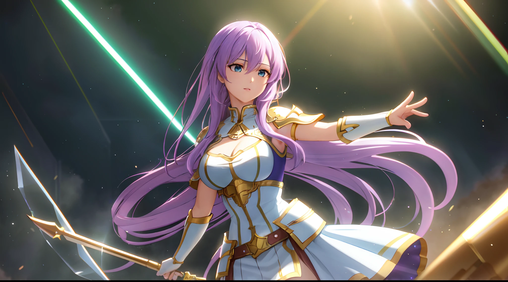 Athena with plain long light purple hair,hair between eyes,green eyes,rosy cheeks,full lips,thin eyebrows,slender body,golden juliet knight armor with very long skirt,cute anime girl,full body,crystals cave,anime style,Lumen Reflections,Screen Space Reflections,Diffraction Grading,Chromatic Aberration,GB Displacement,Scan Lines,Ray Traced,Anti-Aliasing,FXAA,TXAA,RTX,SSAO,Shaders,OpenGL-Shaders, GLSL-Shaders,Post Processing,Post-Production,cell Shading,Tone Mapping,CGI,VFX,SFX,insanely detailed and intricate, 4K,standing, solo, masterpiece, best quality, detailed face, detailed eyes, highres, standing, solo, large_breasts, masterpiece, best quality