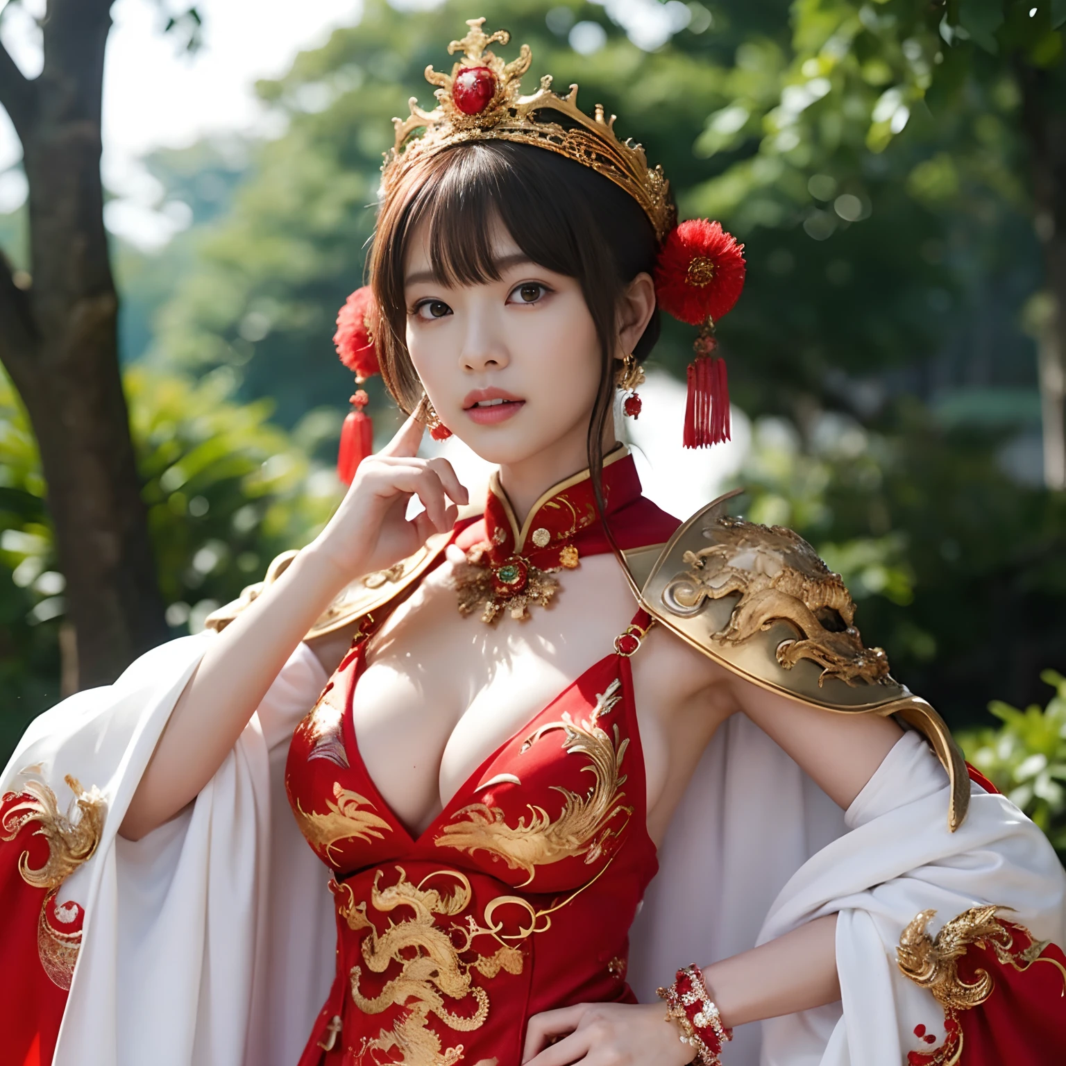 (Fight fiercely with dragons)、top-quality、​masterpiece、超A high resolution、（White Dragon Armor）、dragon armor、(Wearing a beautiful crown made of jewels),(Photorealsitic:1.4)、Raw photo、女の子1人、Golden hair、glowy skin、(((Chinese Dragon)))、（Gorgeous Jewelry Necklaces）、（Mystical expression）、（Fight big dragons）、With a beautiful knife、（White Metal Bodysuit）、(beautiful forest background)、Precipitous cliffs、(Small LED)、((super realistic details))、portlate、globalillumination、Shadow、octan render、（One-Eyed Scouter）、8K、ultrasharp、Colossal tits、Raw skin is exposed in cleavage、metals、Details of complex ornaments、Japan details、highly intricate detail、Realistic light、CGSoation Trends、Red Eyes、radiant eyes、Facing the camera、neon details、(Mechanical limbs)、(blood vessels connected to tubes)、Mechanical vertebrae attached to the back、mechanical cervical attaching to neck、(Wires and cables connecting to the head)、Gundam、Small LED、,Mechanical thighs、Toostock、（Hands are also made of machines）、（veils）、