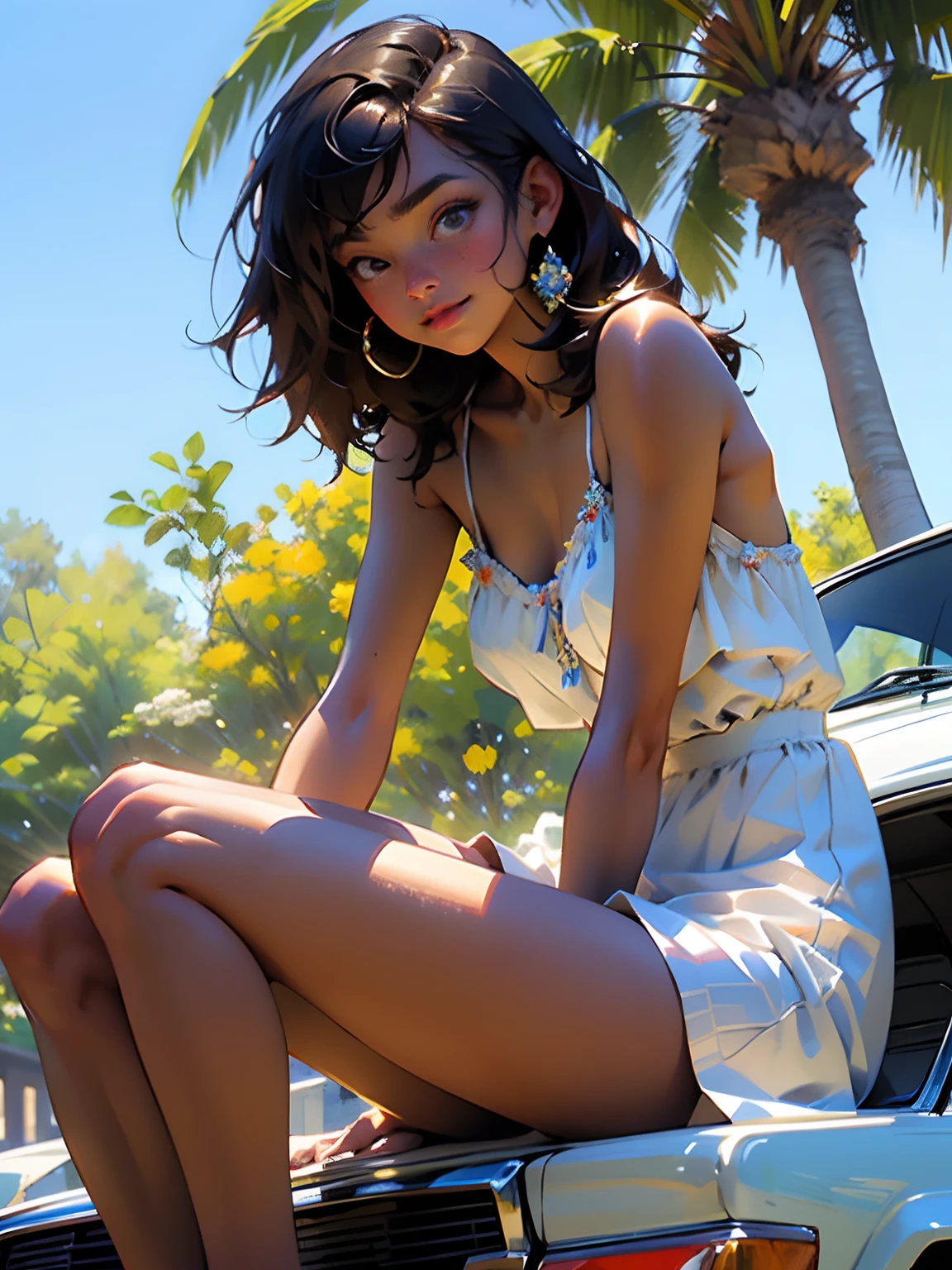 (Masterpiece),(Best Quality:1.0), (Ultra High Definition:1.0), Details, One Young Girl, Blue Sundress, Golden Hour, Detailed Beautiful Skin, (Sitting in the Car), Detailed Eyes, Open Legs, Sexy, Wet Crotch, Embarrassing, Natural Light,