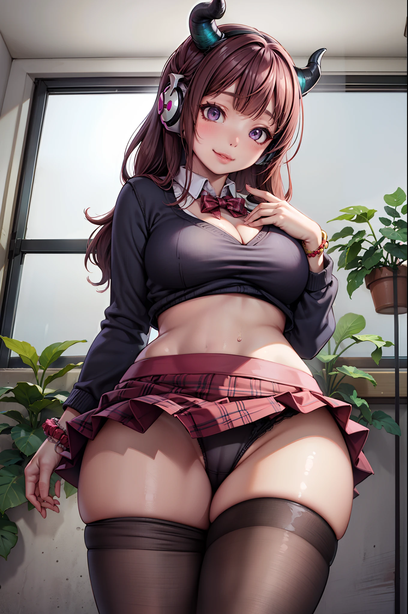 masterpiece, best quality, highres, hs1, light purple eyes, wide hips, thick thighs, long sleeve shirt, midriff, light brown hair, cleavage, long hair, half updo, asymmetrical bangs, streaky hair, pink shirt, black thighhighs, micro skirt, legs apart, plaid skirt, red ribbon, huge breasts, bowtie, indoors, cowboy shot, panties, from below, smile, looking at viewer, thick thighs, jirai kei, window, plant, headphones, (succubus horns), necklaces, ear piercings, bracelets