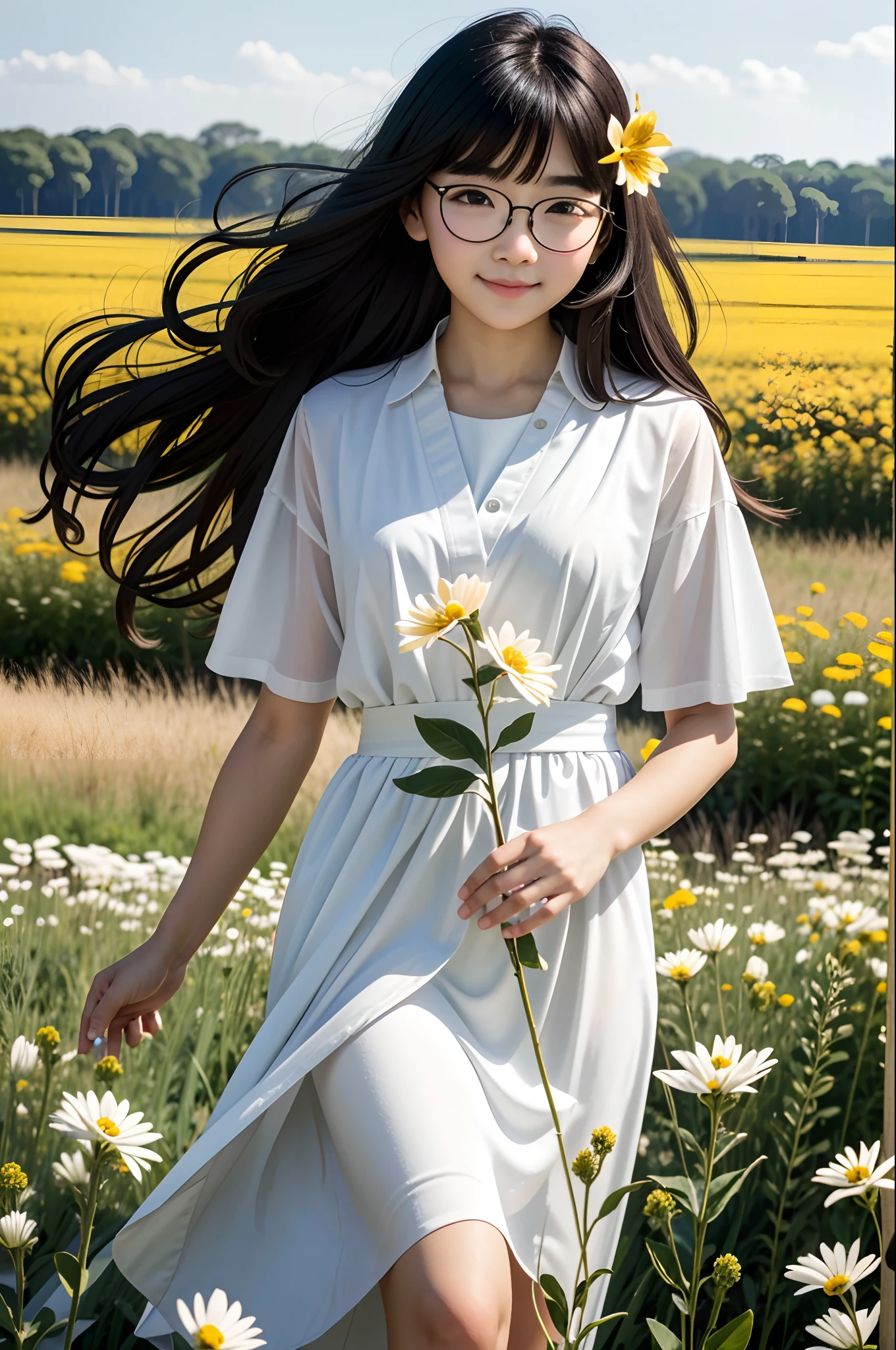 MaryBethRDR, 1girl 18 years old, 独奏, round face, Large shiny dark brown eyes, long eyelashes, eyeglasses, long brown thick hair, fluttering in the wind, Holding a flower, On a flower field, Cute Modest Shy Smile, Full-length photo from a distance of a few meters from the girl(Lots of backstory around)